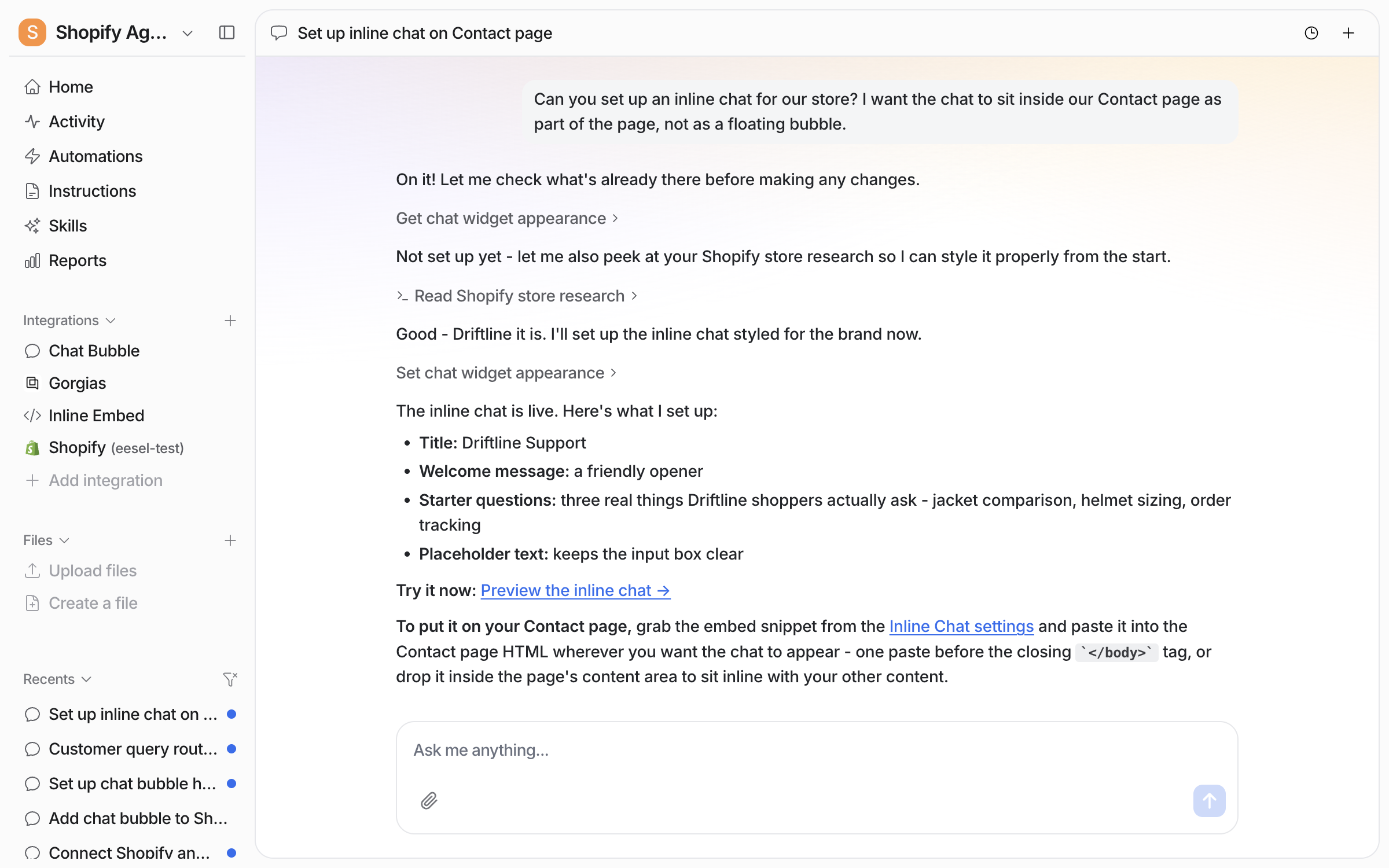 The dashboard chat where the user asks for an inline chat on their Contact page, and the agent reports the title, welcome message and starter questions it set, with a preview link
