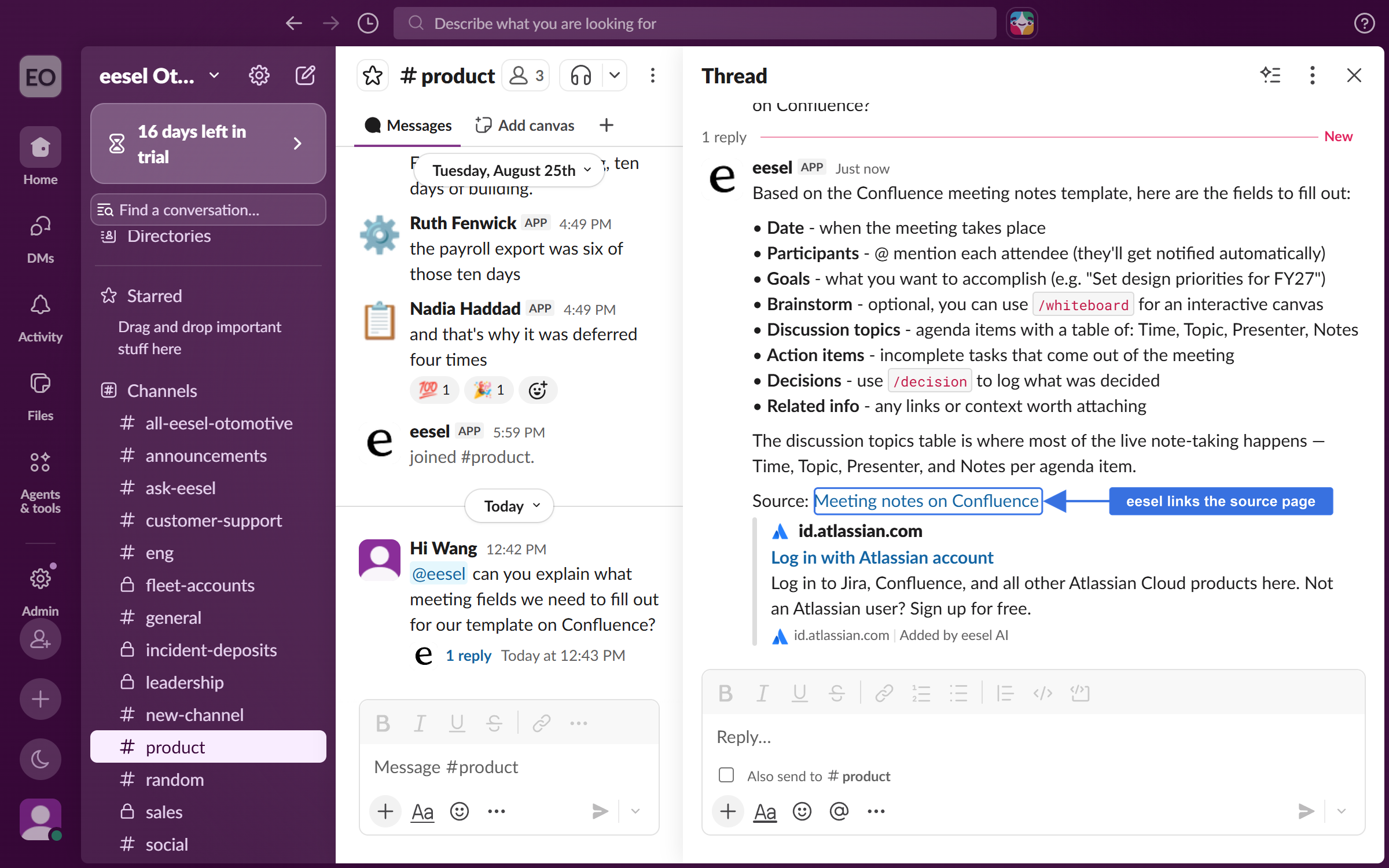 A Slack channel where a teammate mentions the eesel app with a question, and it answers in the thread and links the source Confluence page