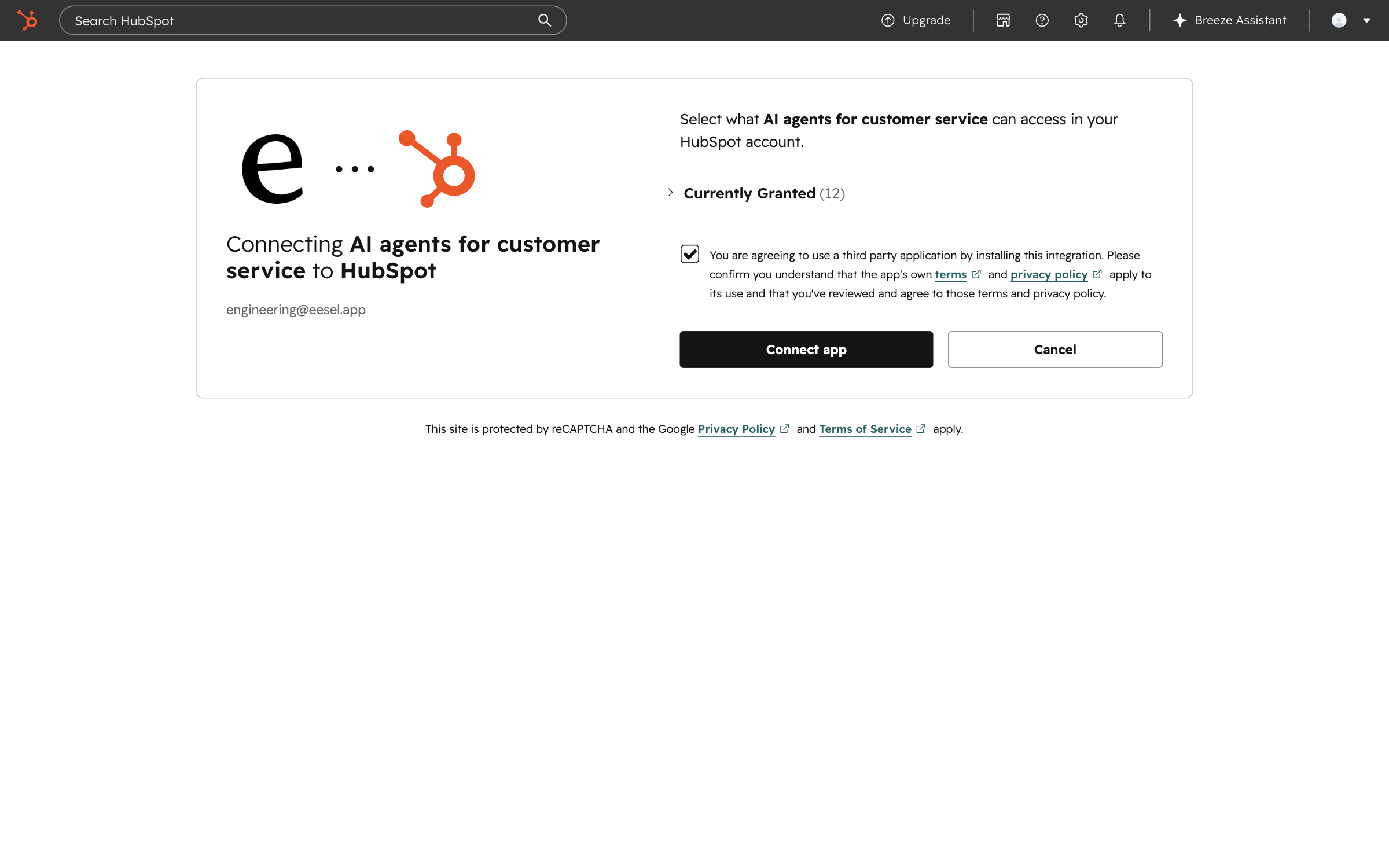 The HubSpot authorization screen for eesel, with the scopes it requests and the Connect app button