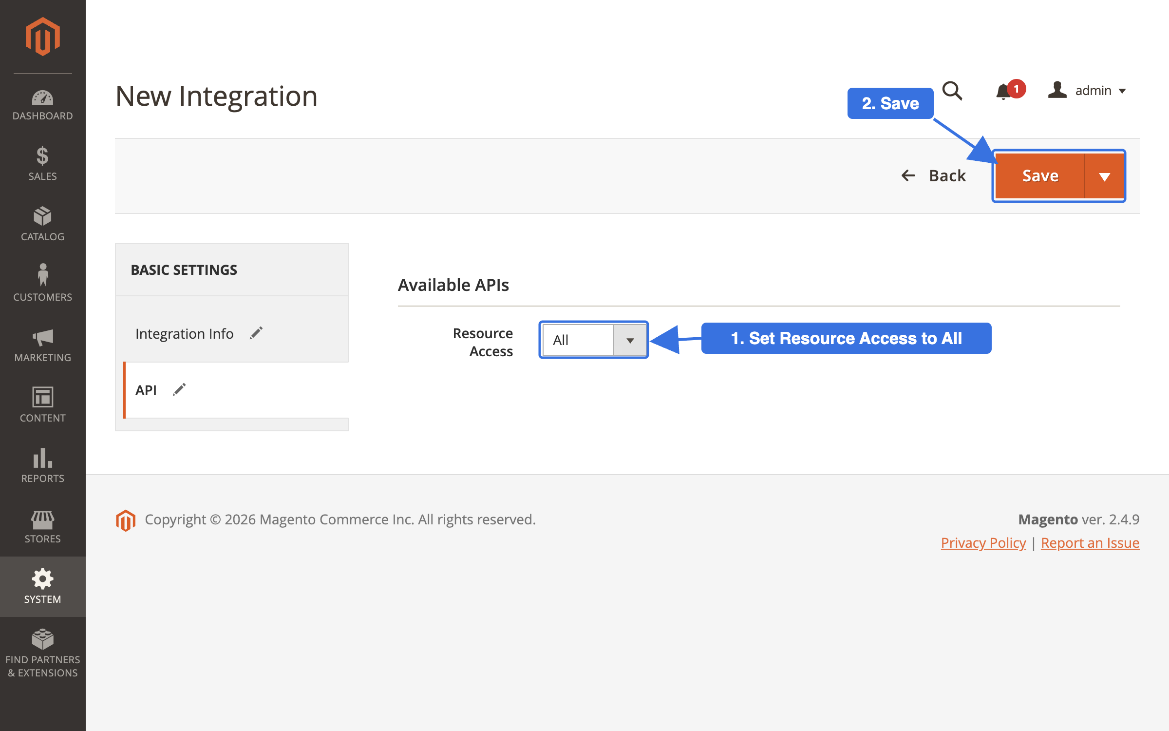 The API tab of the Magento New Integration form, with callouts to set Resource Access to All and then click Save