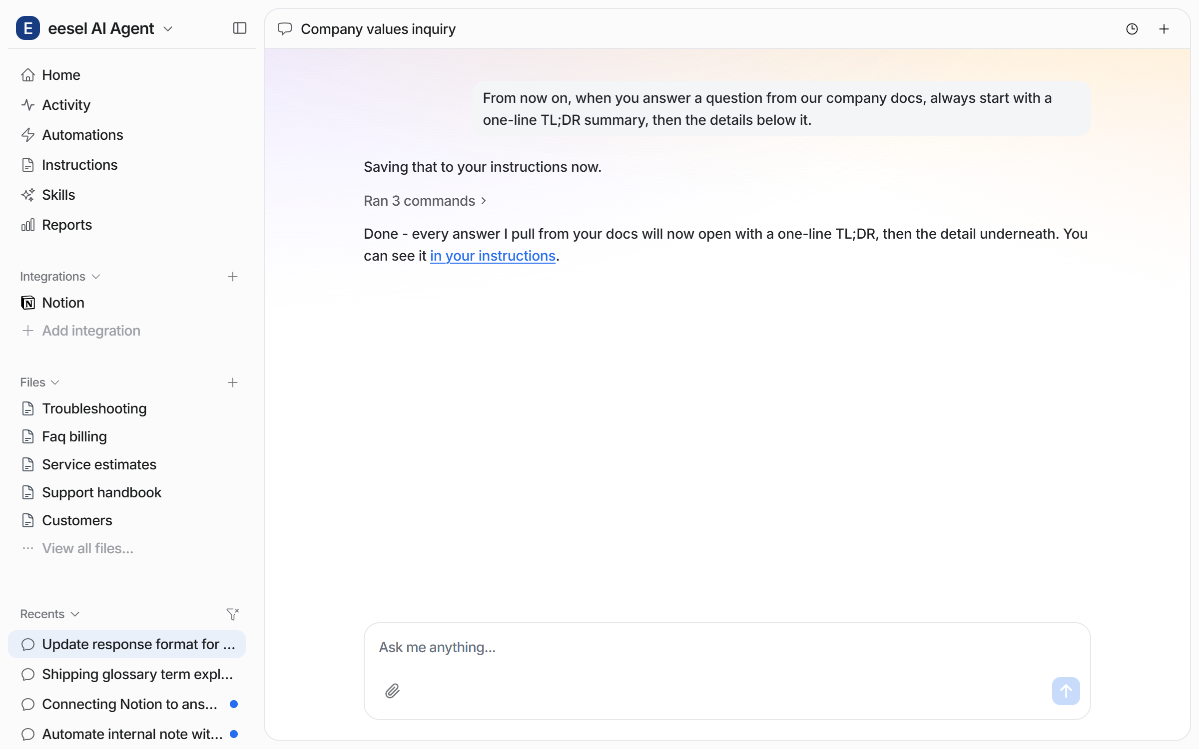 The dashboard chat where the user gives a standing rule for answers from company docs and the agent confirms it saved the rule to the instructions