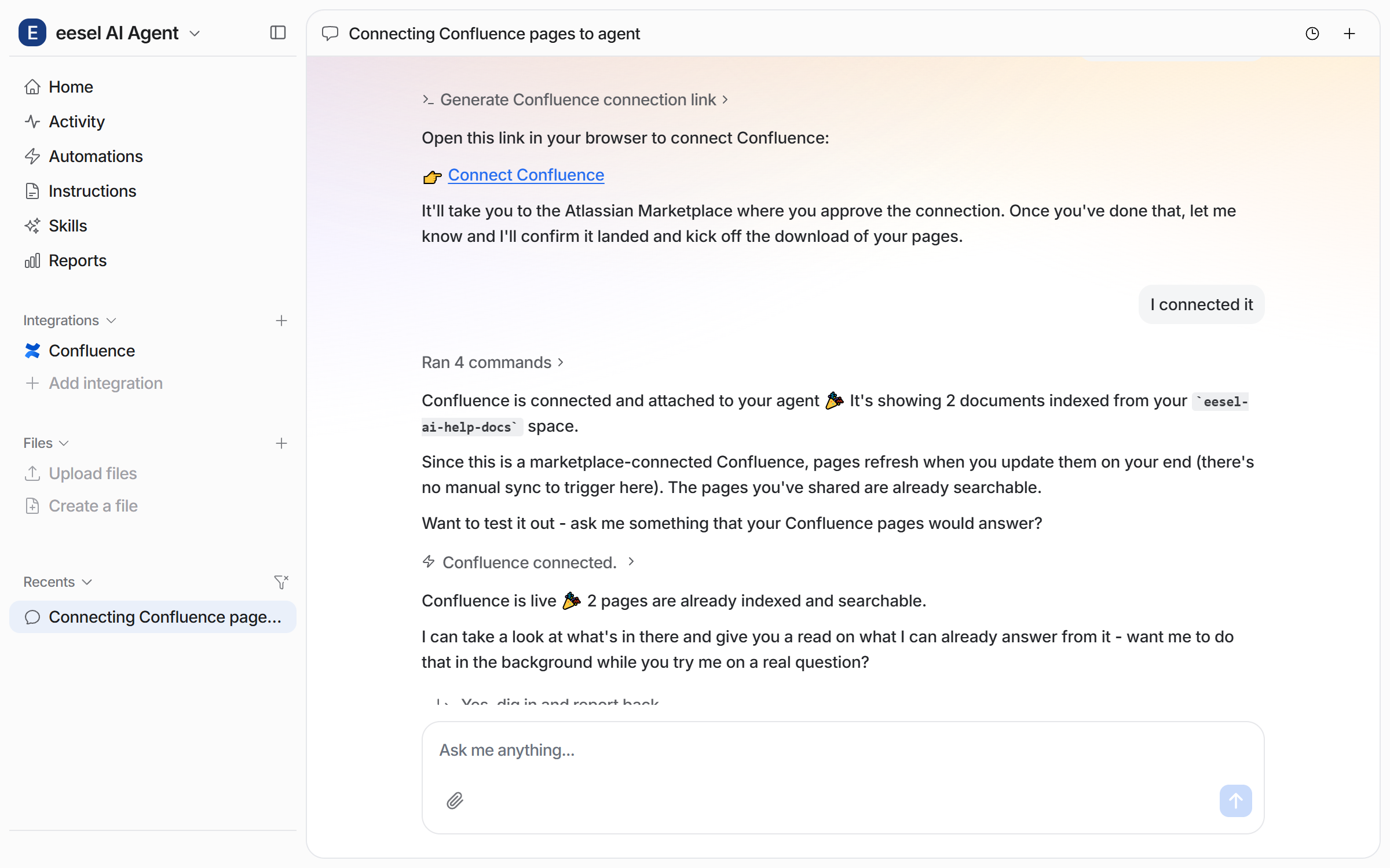 The dashboard chat confirming Confluence is connected, with an indexed document count and an offer to test it