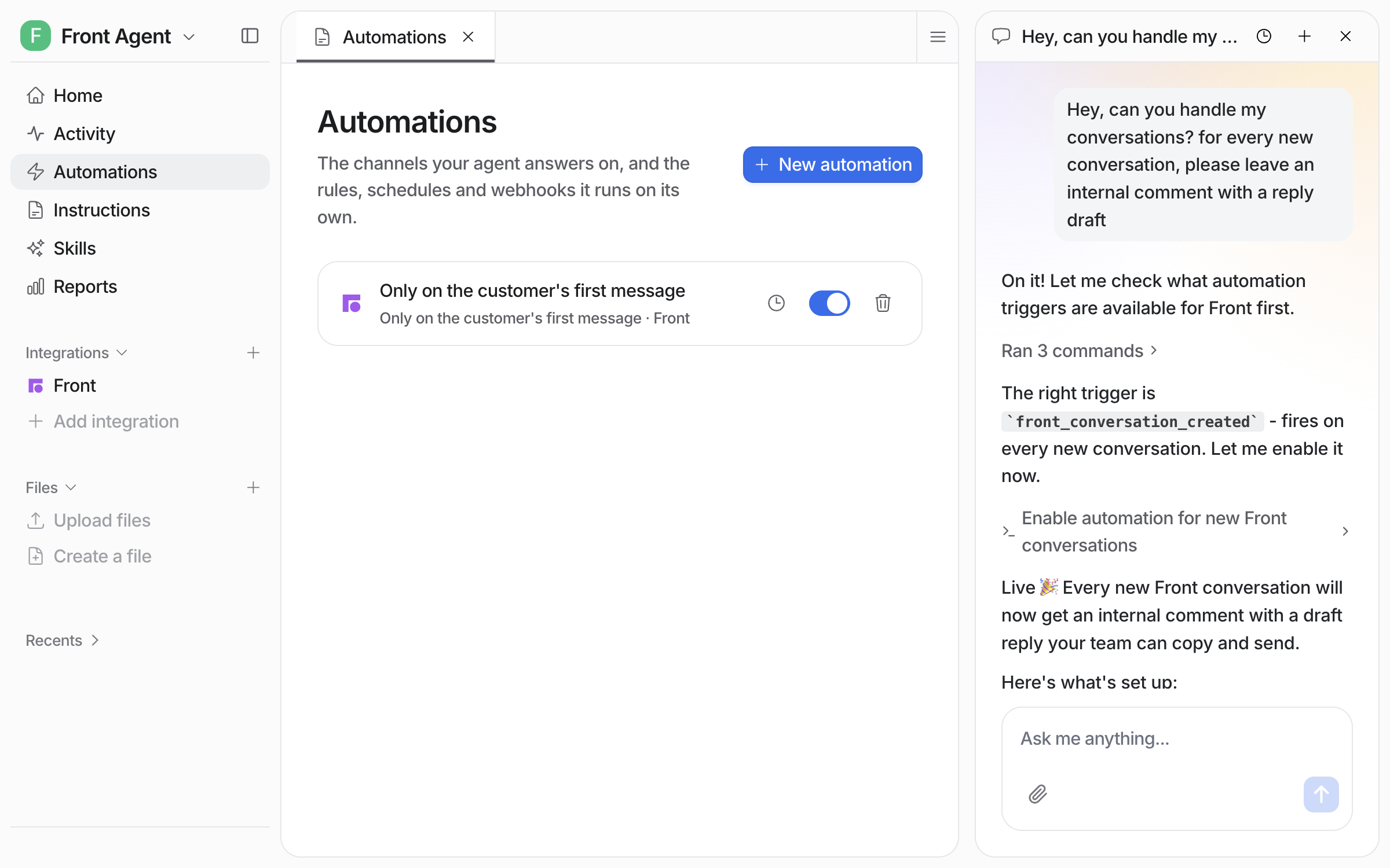 The Automations page in eesel with the Front rule listed and toggled on