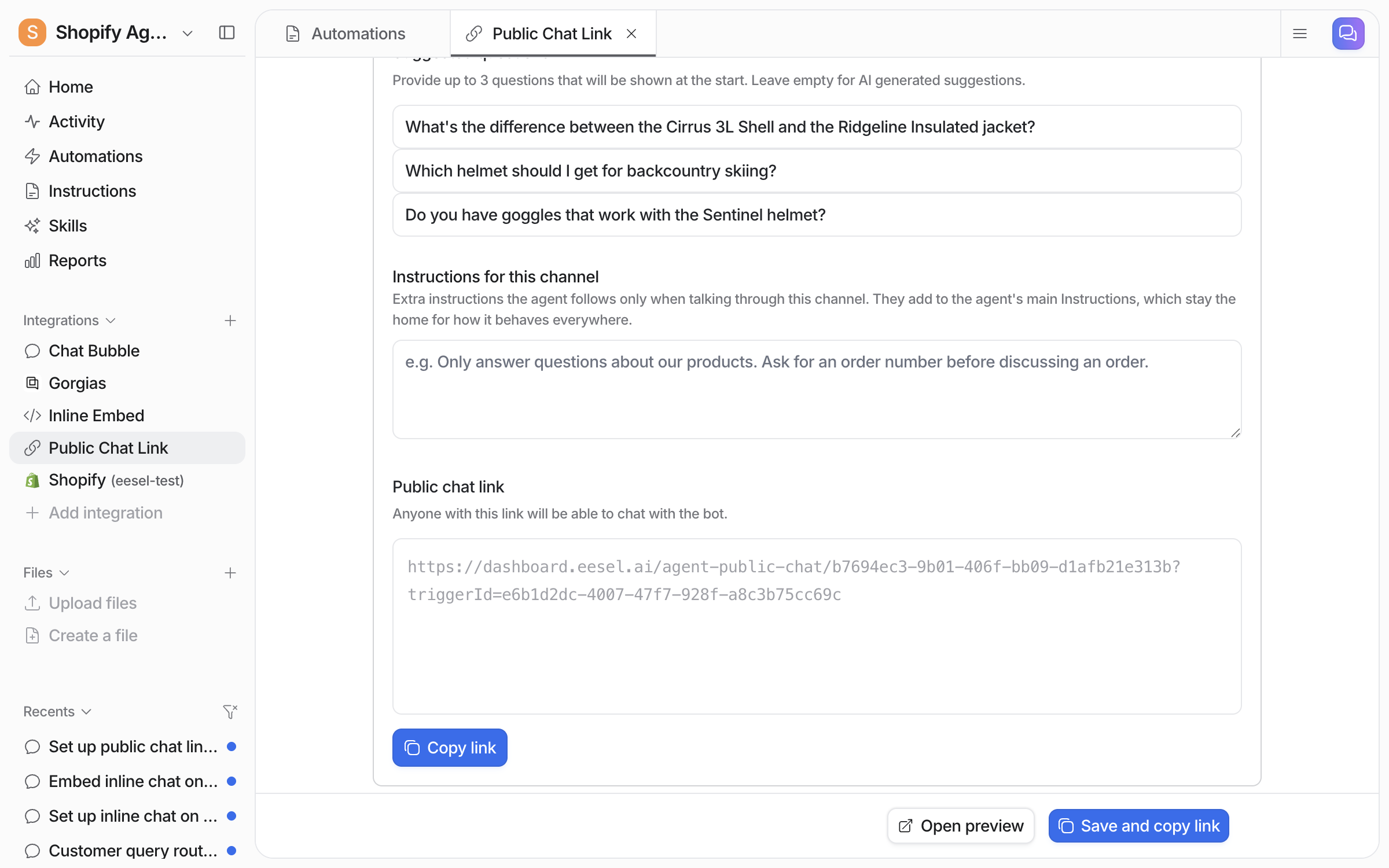 The Public chat link section of the settings page with the shareable address and a Copy link button, above Save and copy link