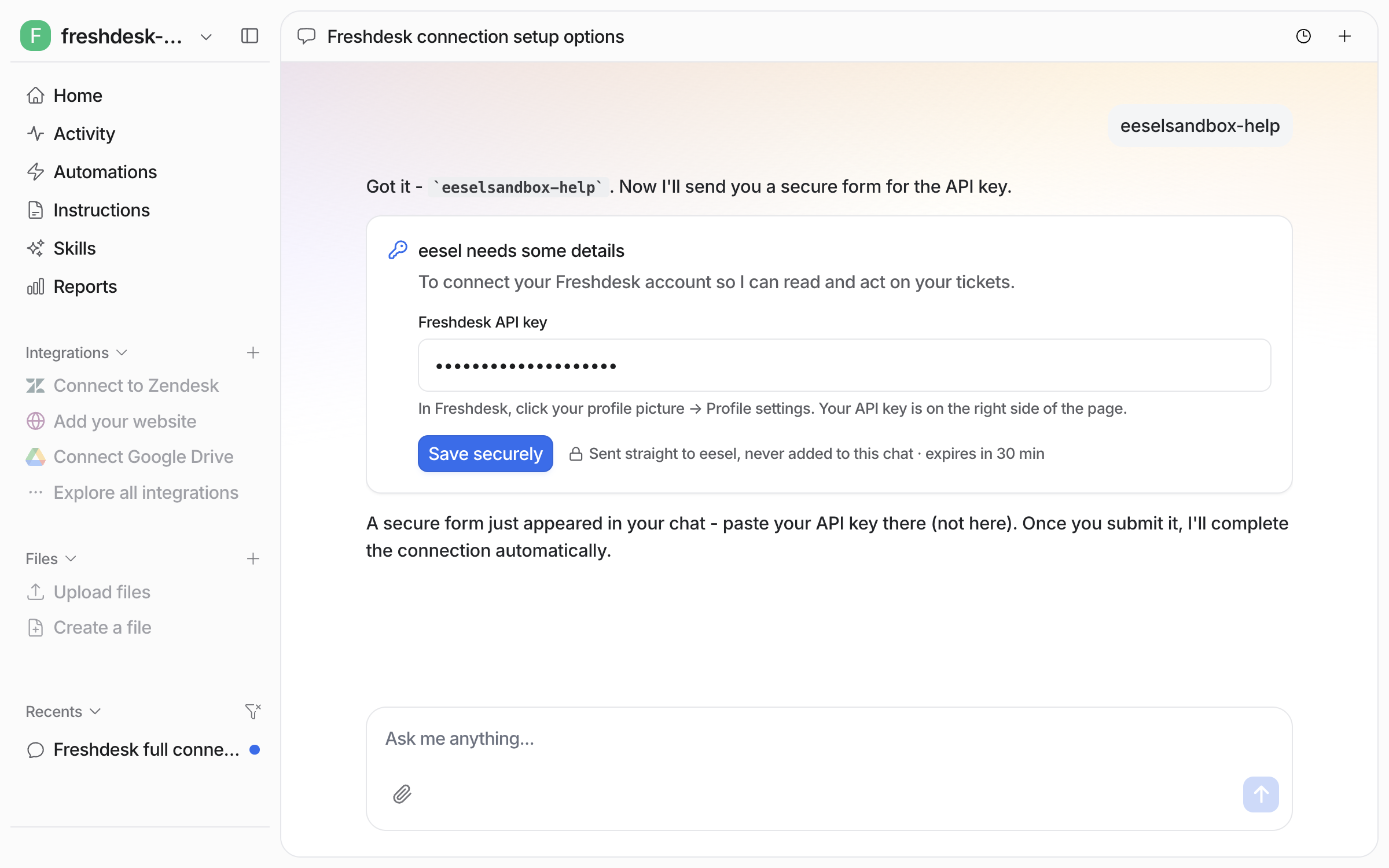 The secure API key form inline in the dashboard chat, with the key pasted in and the Save securely button active