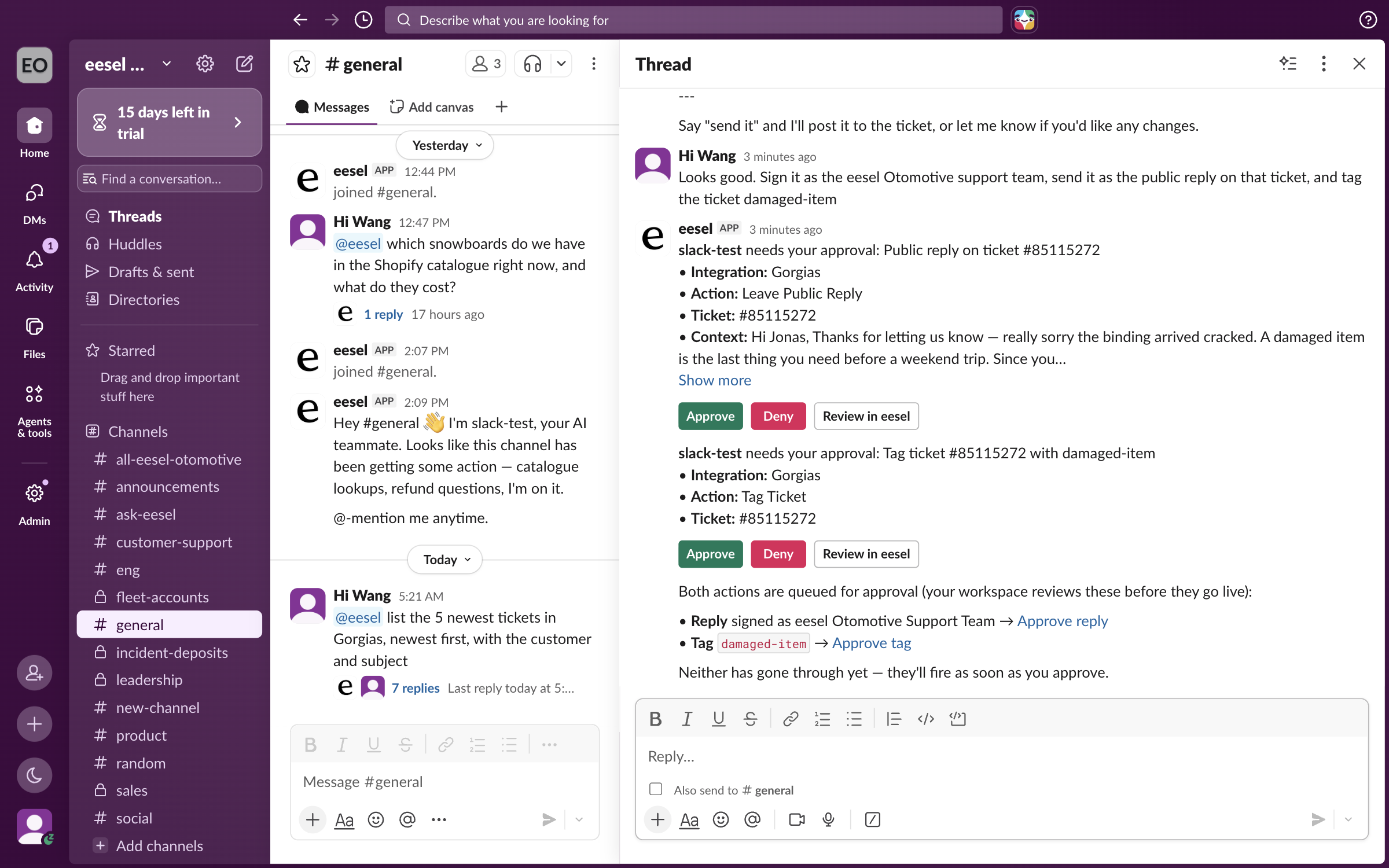 A Slack thread with two approval cards from the eesel app, each listing the integration, the action, the ticket and the content, with Approve, Deny and Review in eesel buttons