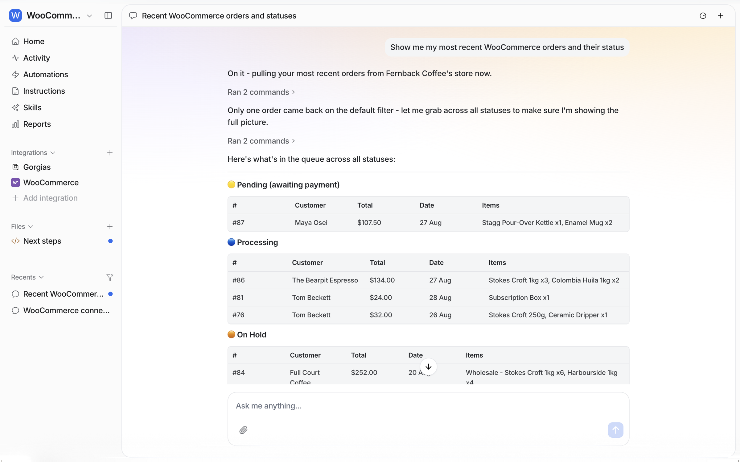 The dashboard chat answering a request for recent WooCommerce orders with tables of pending and processing orders