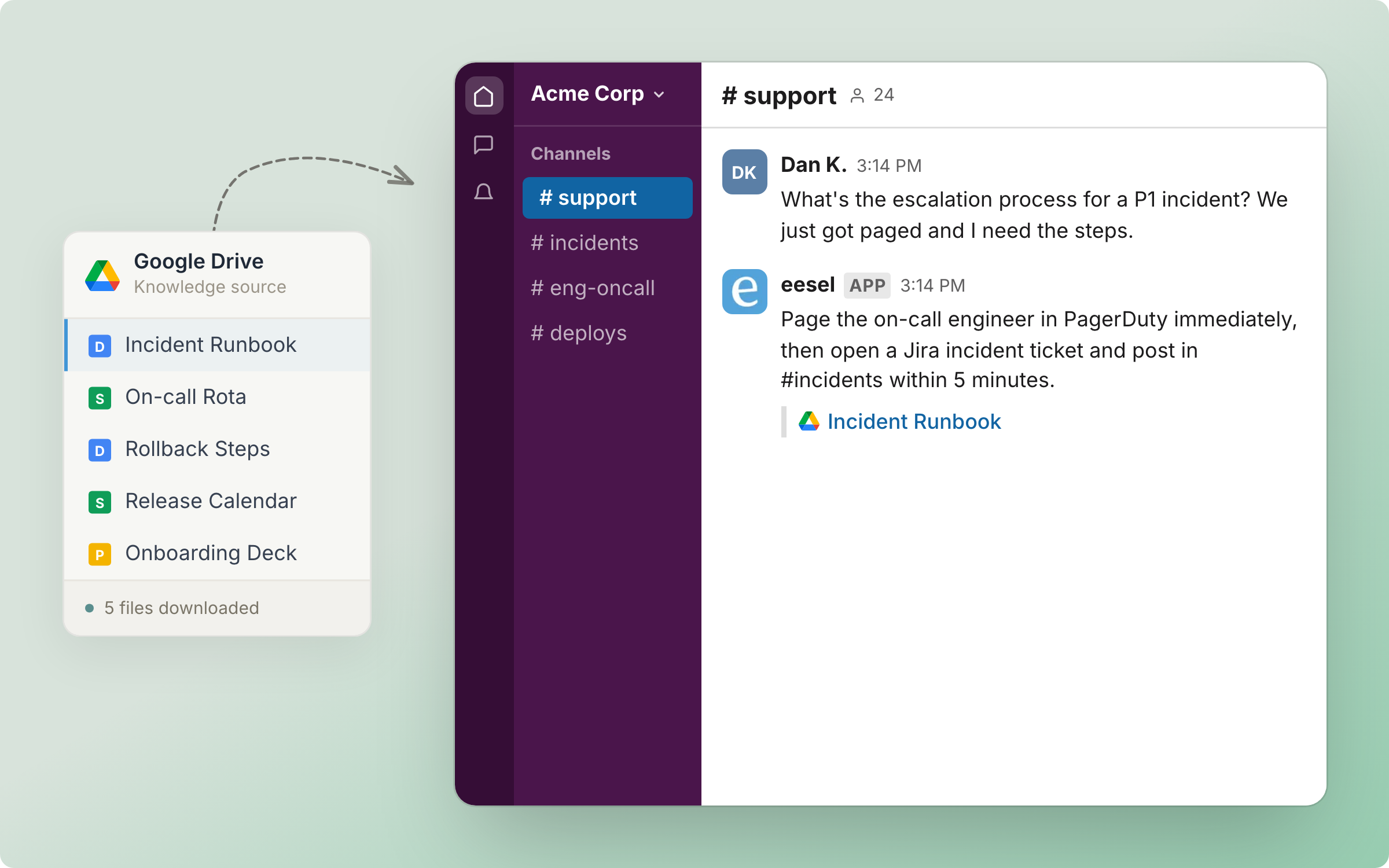 A Google Drive knowledge source card listing synced files, feeding an agent that answers a question in Slack and links the file it read