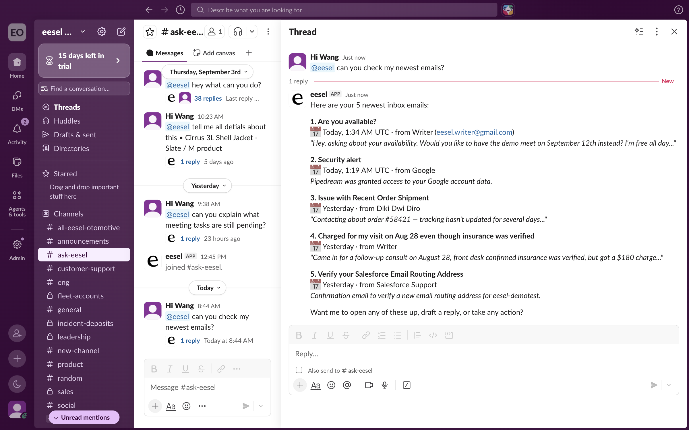 A Slack thread where a teammate mentions eesel to check the newest emails, and the app lists five of them with sender, time and a summary line each
