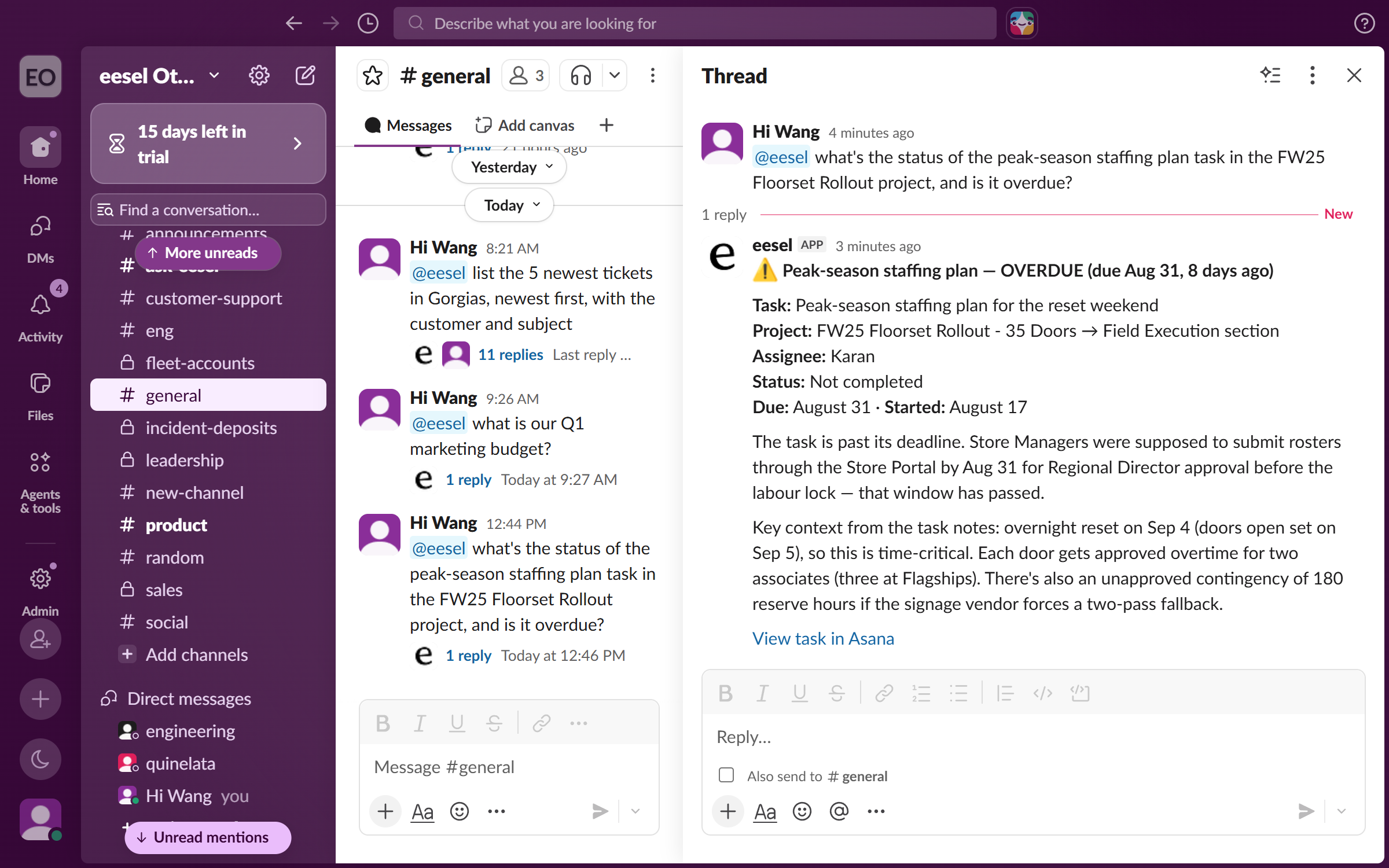 A Slack thread where a teammate mentions the eesel app with a question about an Asana task, and the app answers with the task status, project, assignee and due date, ending with a link to view the task in Asana