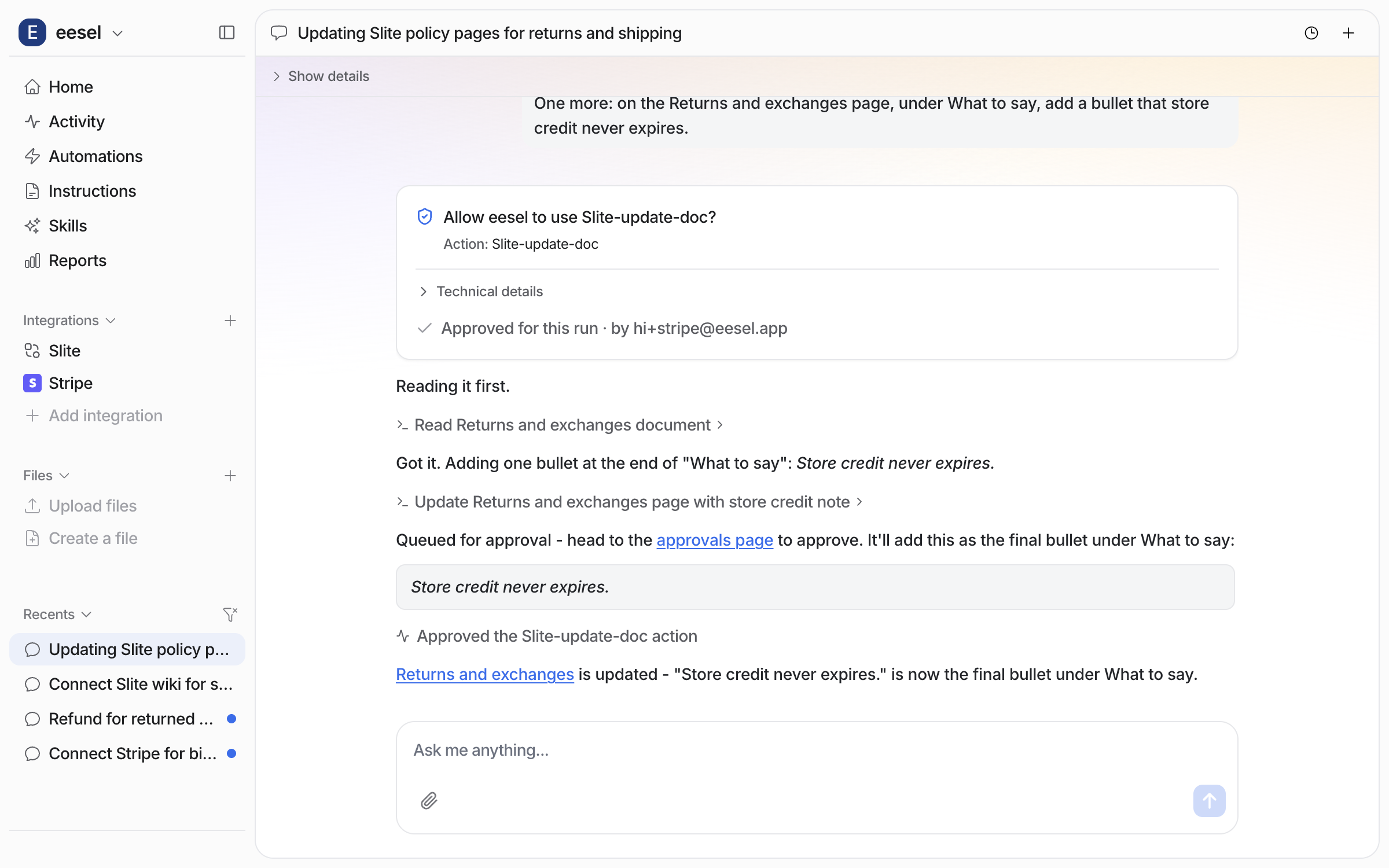 The approval card reading Approved for this run by the approver's email, followed by the agent confirming the Returns and exchanges page is updated with a new bullet