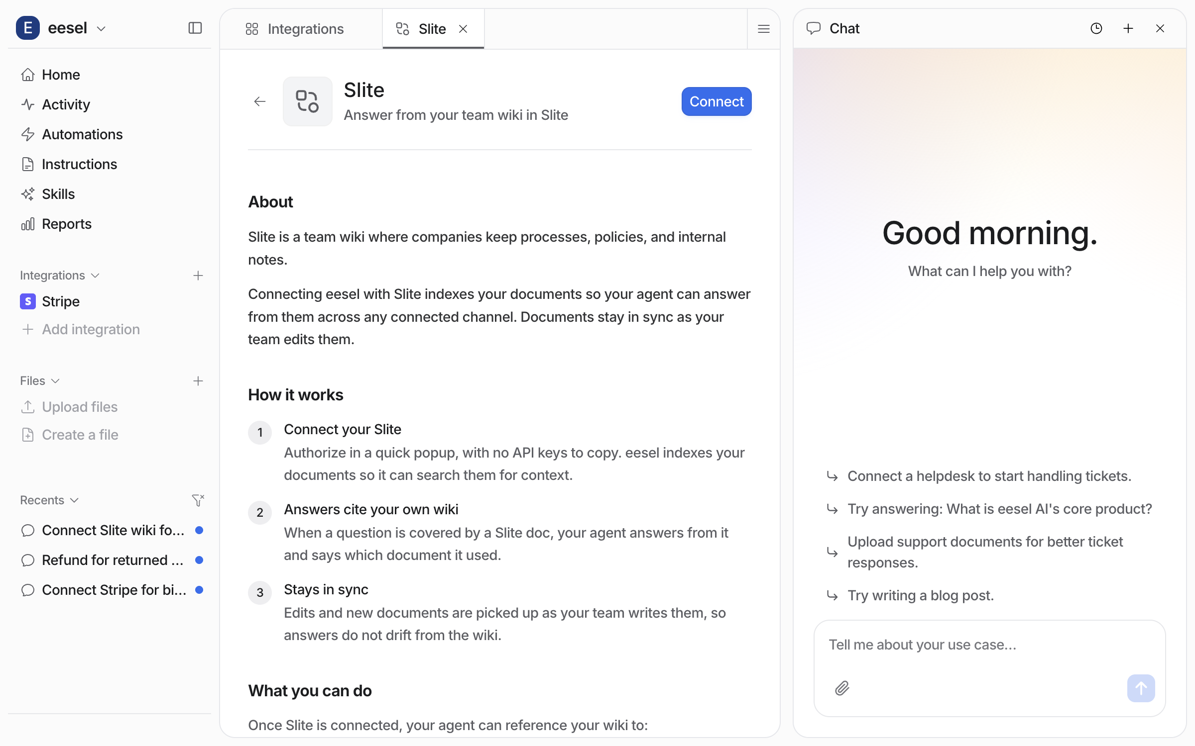 The Slite integration page before connecting, with the About and How it works sections and a Connect button