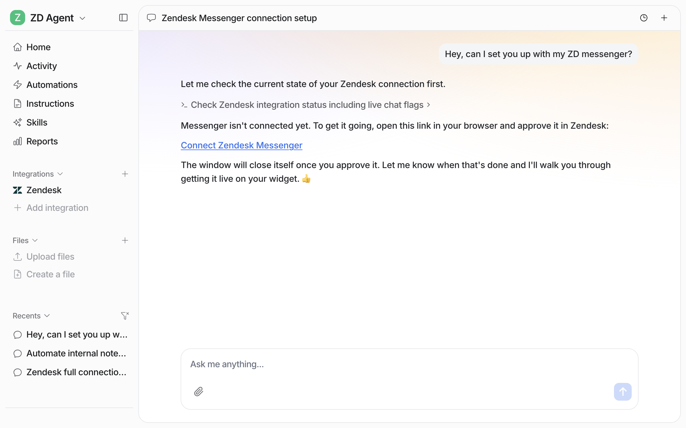 The dashboard chat where the user asks to set up Zendesk Messenger and the agent replies with the connect link