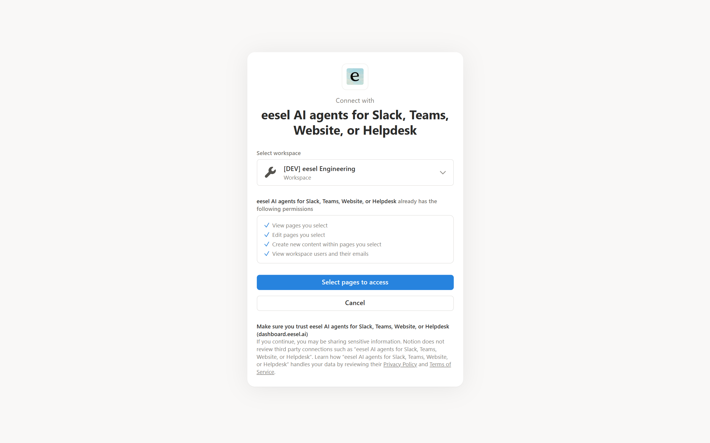 Notion's consent screen naming the eesel AI agents app, with a workspace picker, a list of permissions, and a Select pages to access button