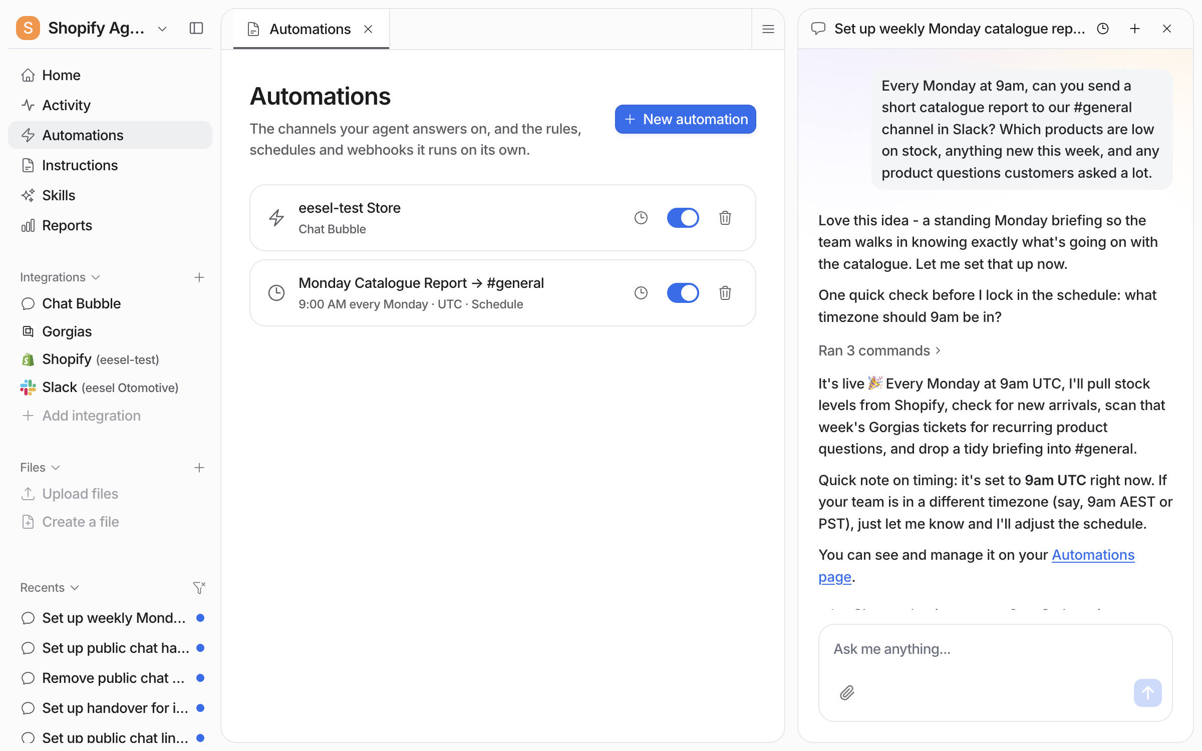 The Automations page listing a Monday Catalogue Report schedule at 9:00 AM every Monday UTC, switched on, beside the chat that created it