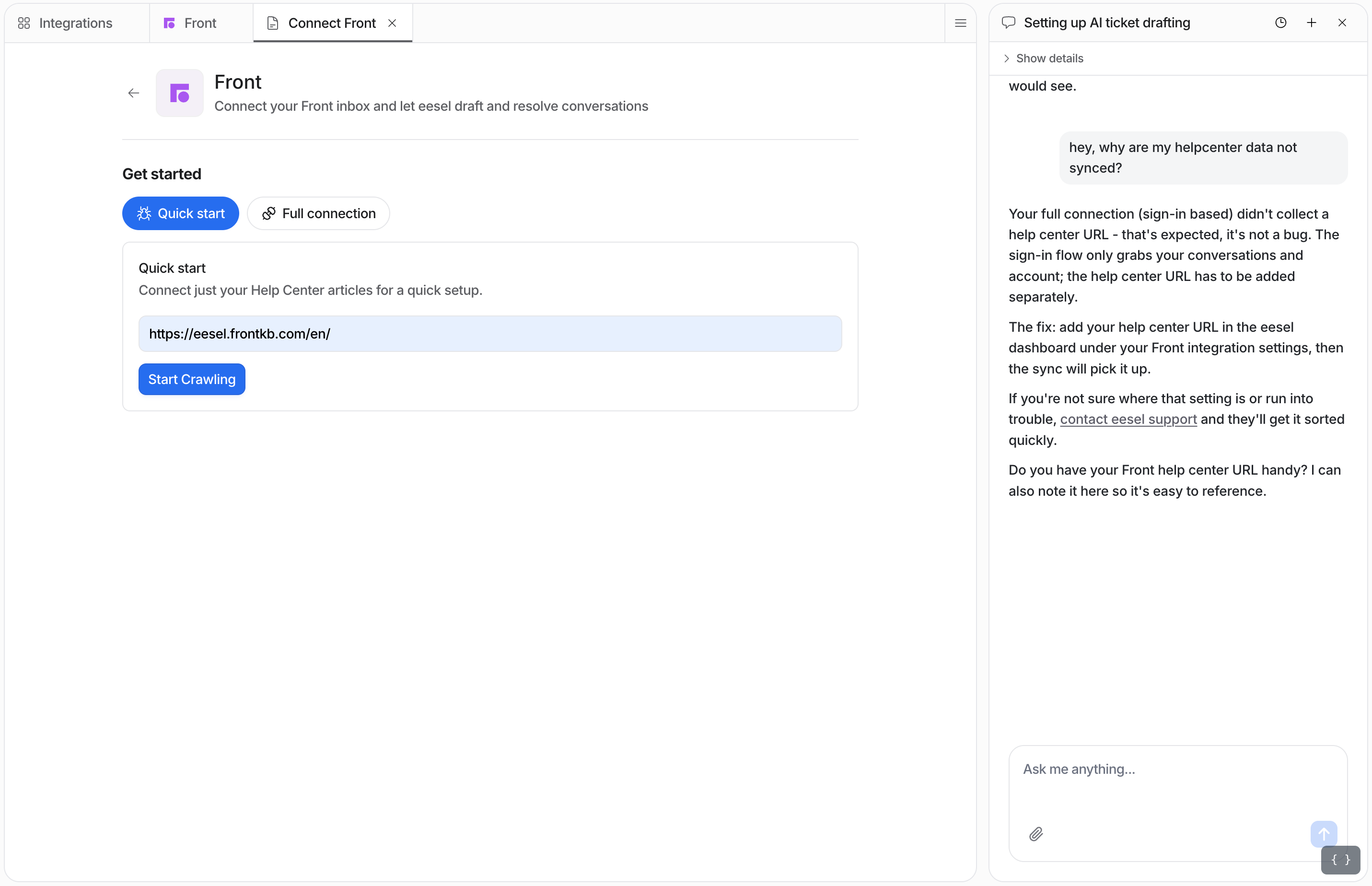 Front Quick start form with a help center URL entered and a Start Crawling button
