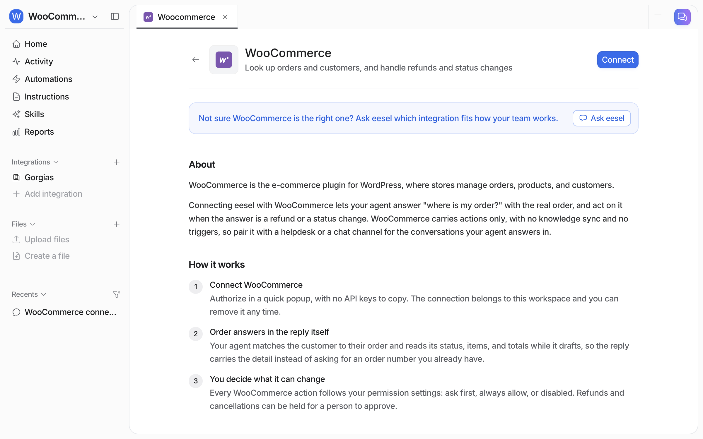 The WooCommerce page under Integrations in eesel, with a Connect button and a short description of how it works