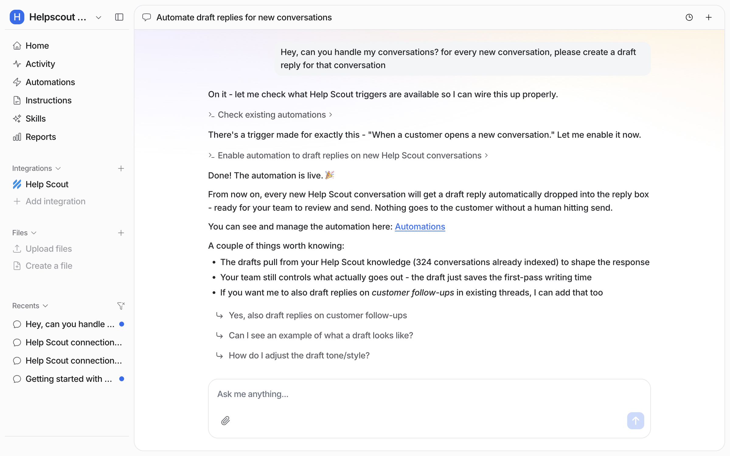 The dashboard chat where the user asks for a draft reply on every new conversation, and the agent reports it enabled the A customer opens a new conversation trigger