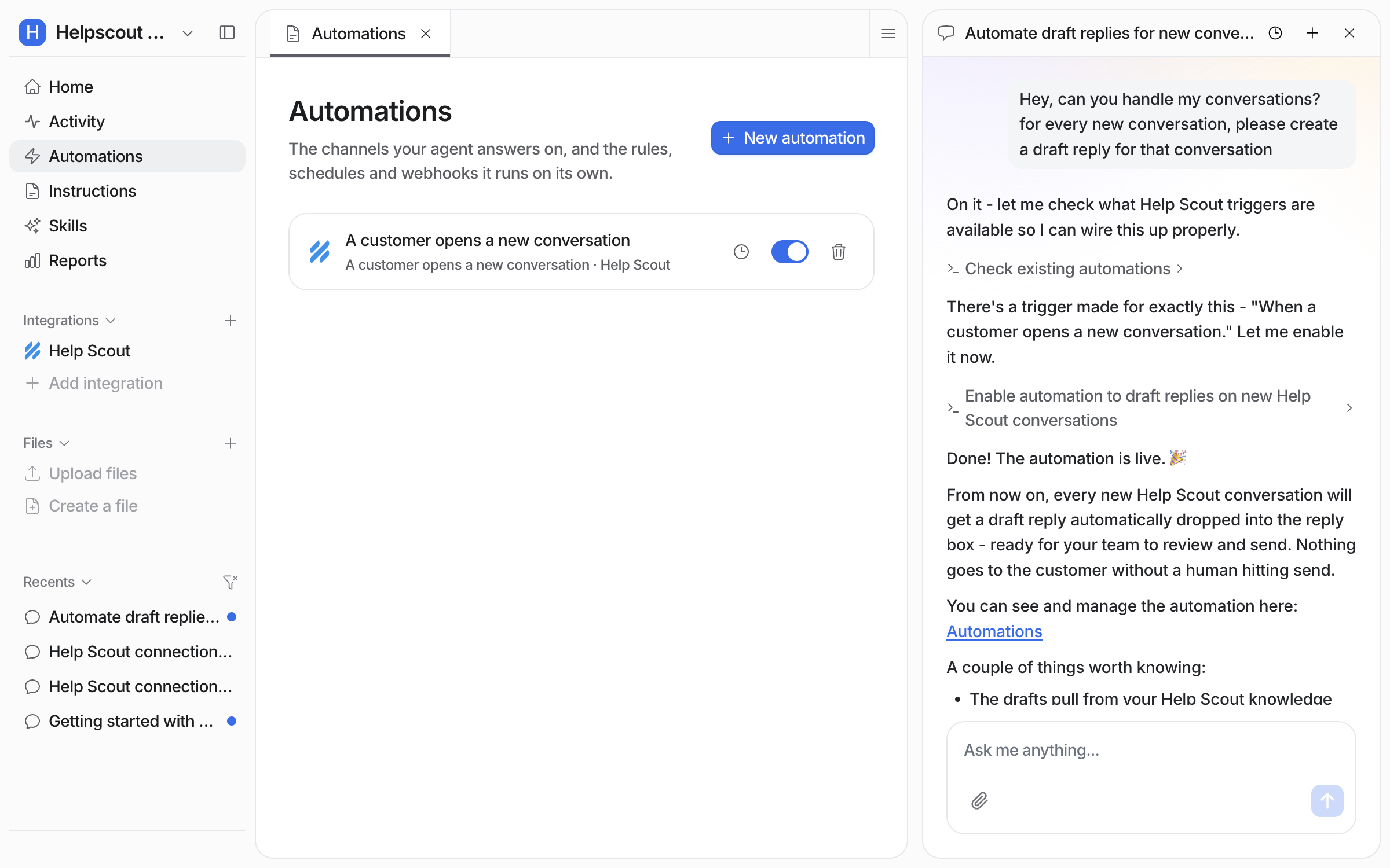 The Automations page in eesel with the A customer opens a new conversation rule listed and toggled on, and the chat open beside it