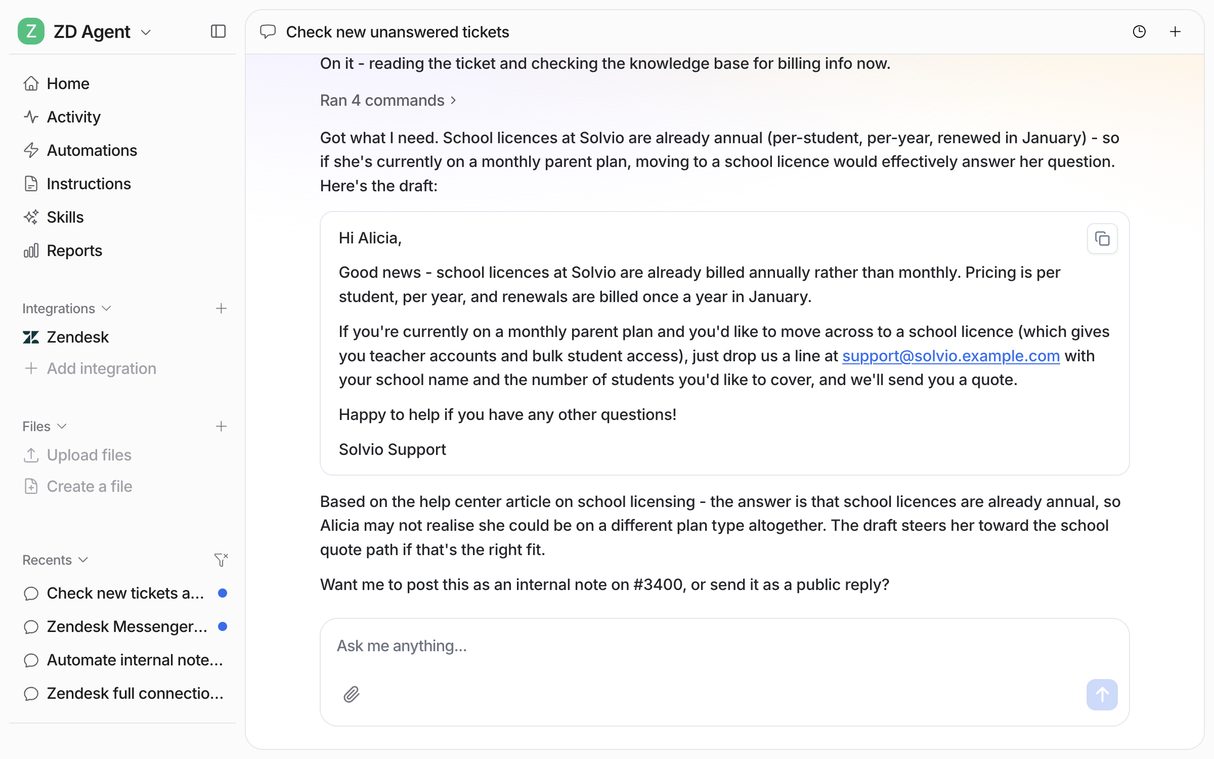 The same chat scrolled down, showing the agent naming the help center article it used and asking whether to post the draft as an internal note or send it as a public reply