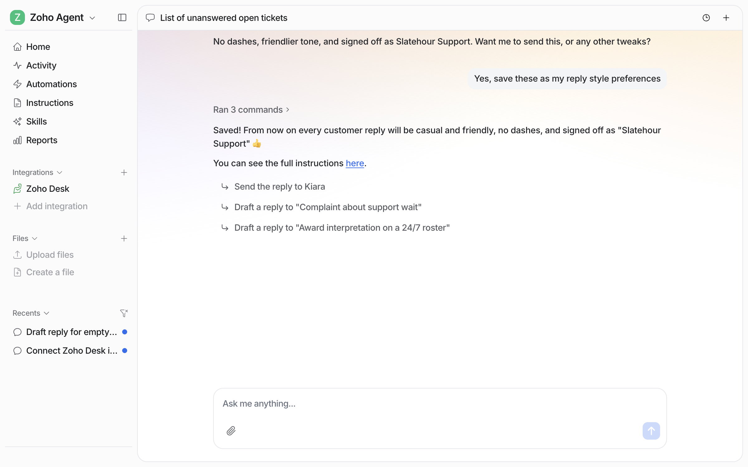The dashboard chat where the user asks to save the reply style, and the agent confirms it saved the rules and links the instructions page