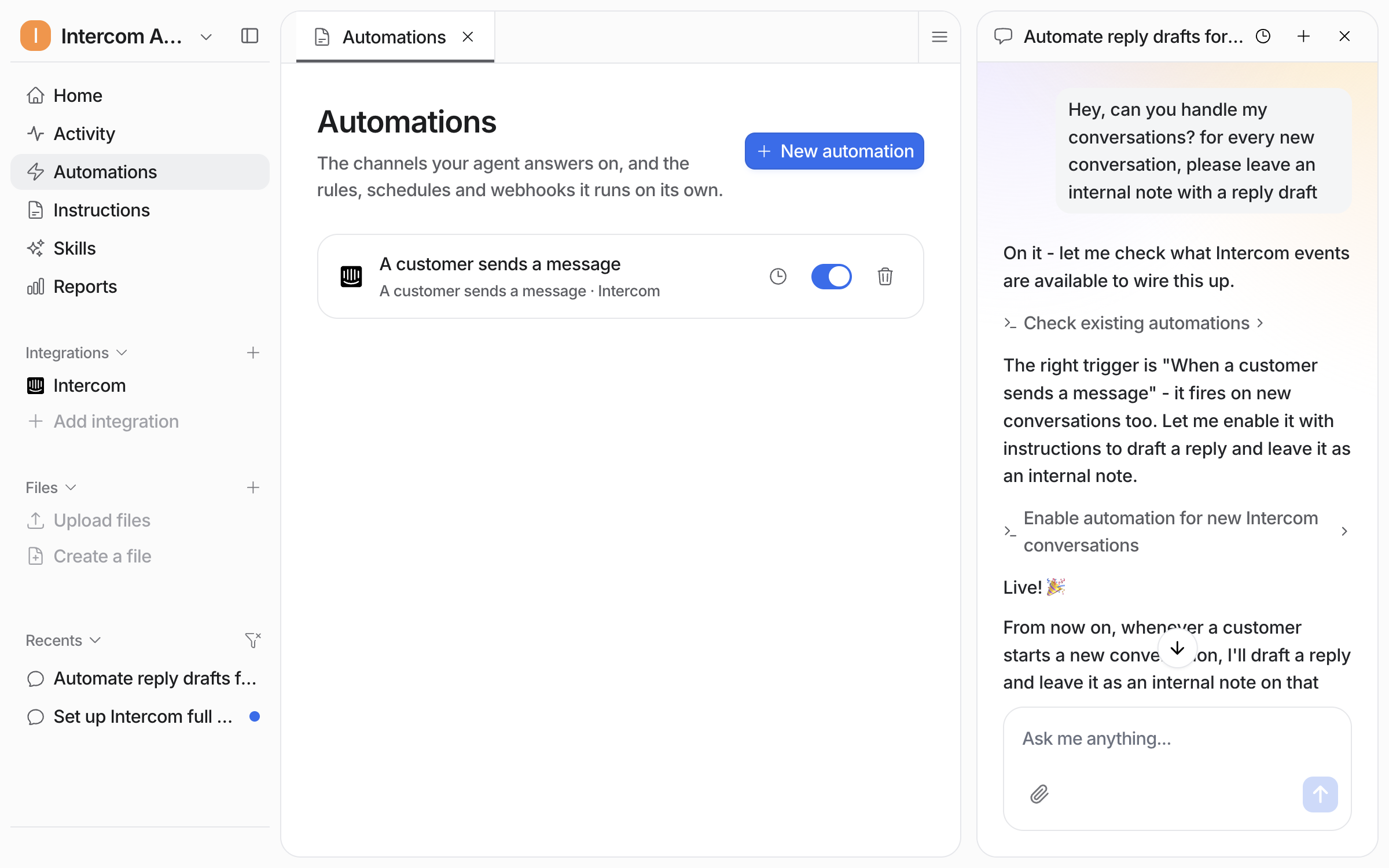 The Automations page in eesel with the Intercom rule listed and toggled on