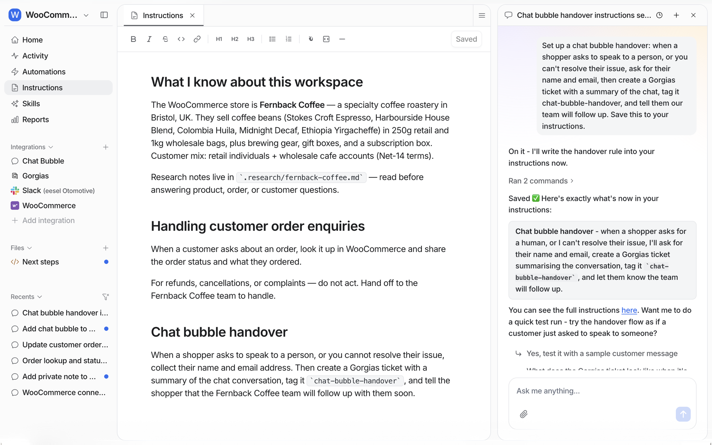 The Instructions page in eesel showing a Chat bubble handover section, with the setup chat open beside it