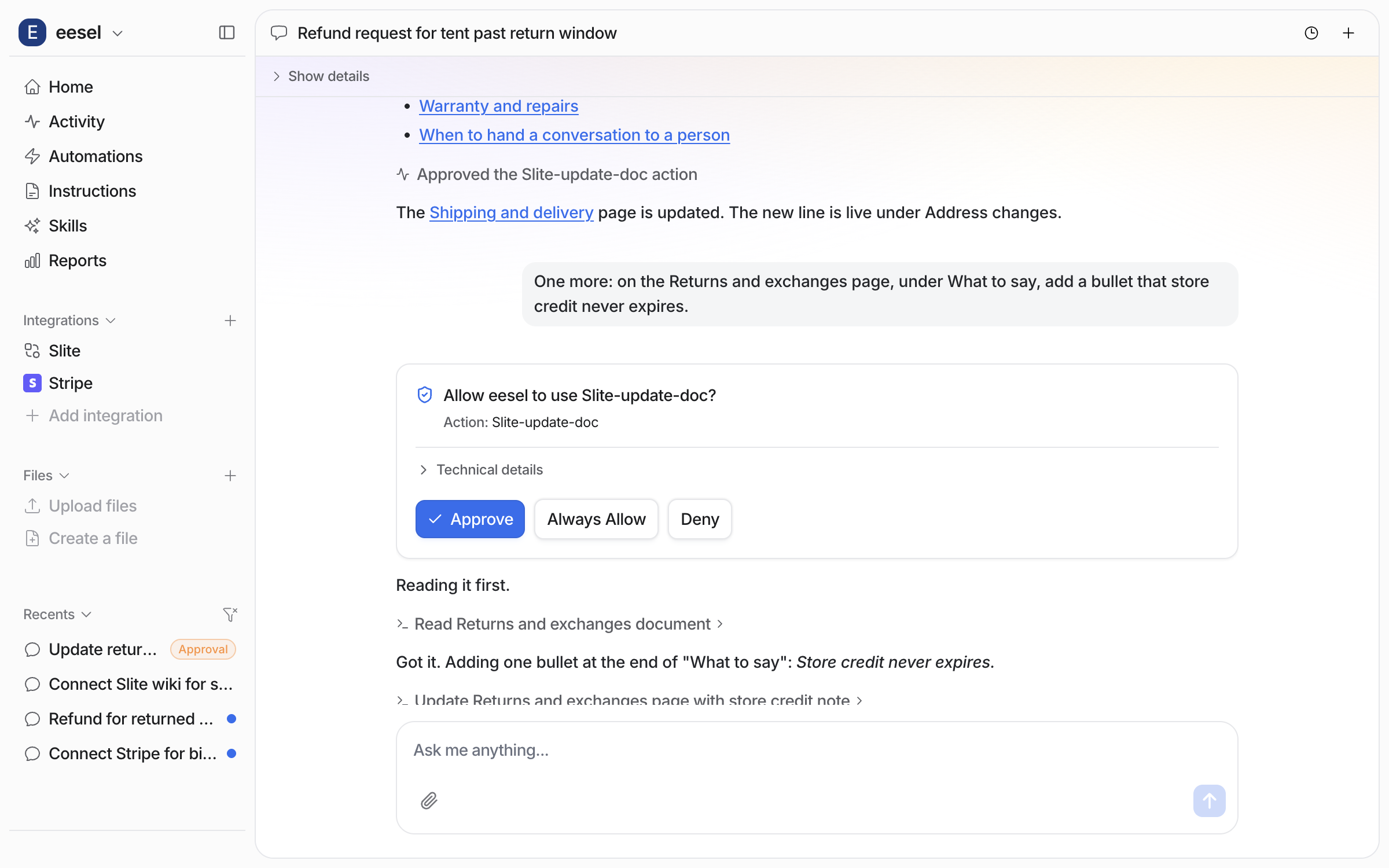 The approval card for Slite update doc with Approve, Always Allow and Deny, above the agent reading the Returns and exchanges page