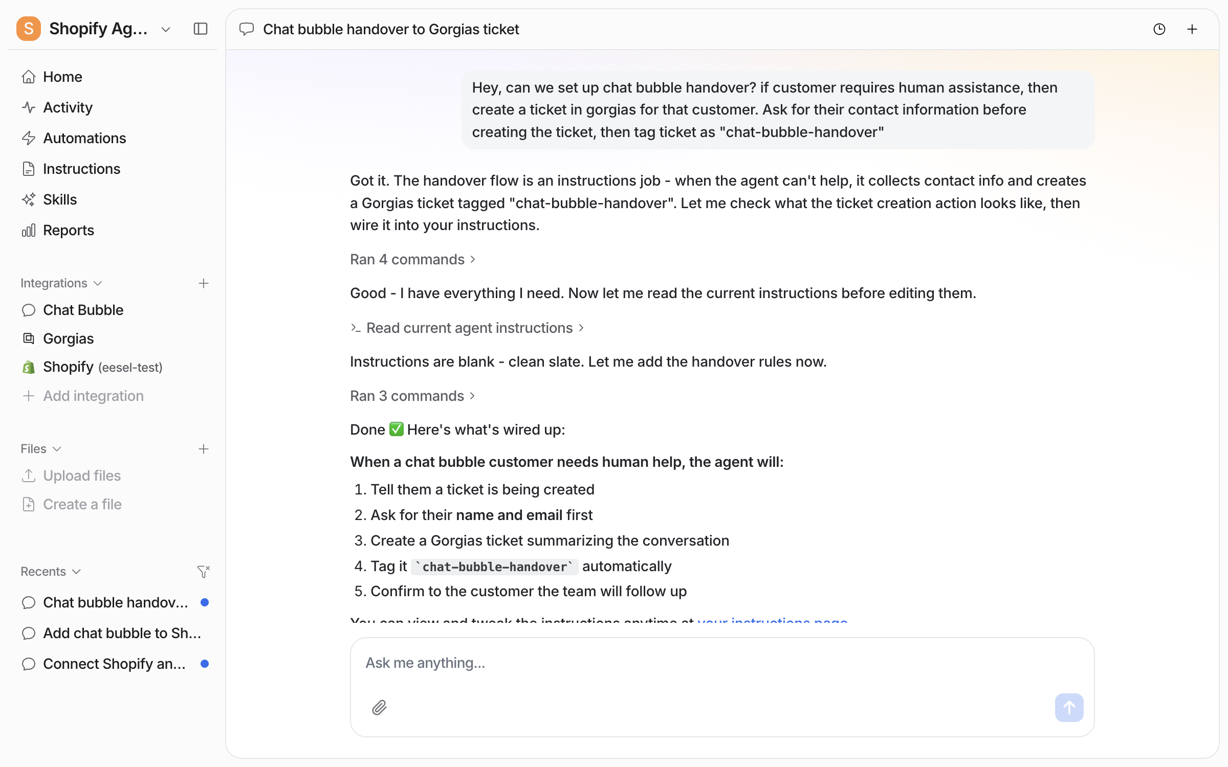 The dashboard chat where the user asks for a handover that creates a helpdesk ticket, and the agent reports that it read the current instructions, added the handover rules, and lists the five steps it will now follow
