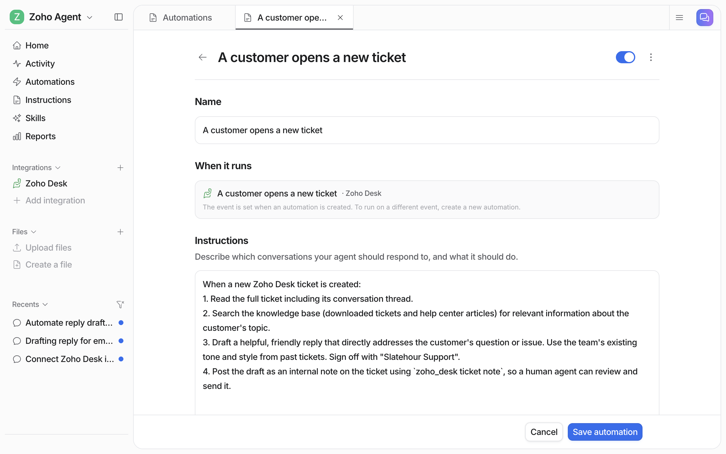 The automation editor showing the Zoho Desk event it runs on and the instructions telling the agent which tickets to take and to draft a reply as an internal note