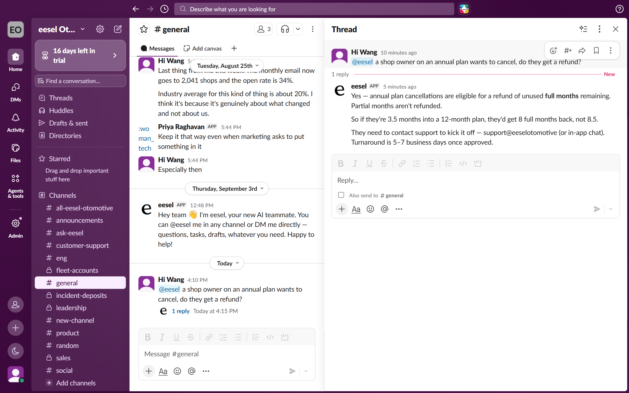 A Slack thread where a teammate mentions eesel with a policy question and eesel replies in the thread with the answer from the uploaded files