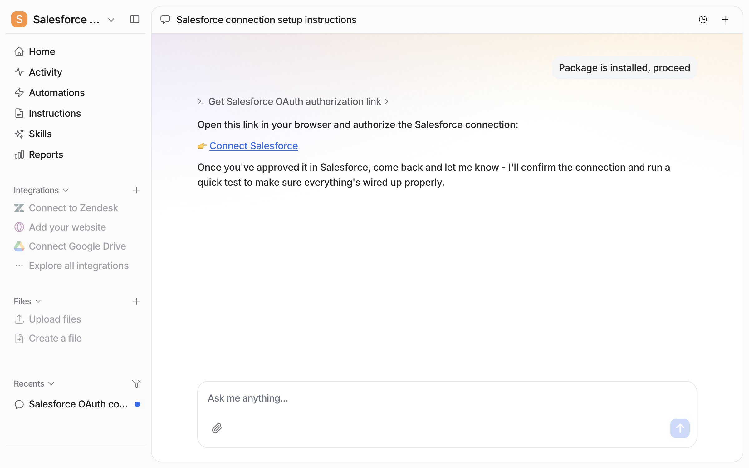 The dashboard chat where the user says the package is installed and the agent posts a Connect Salesforce authorization link