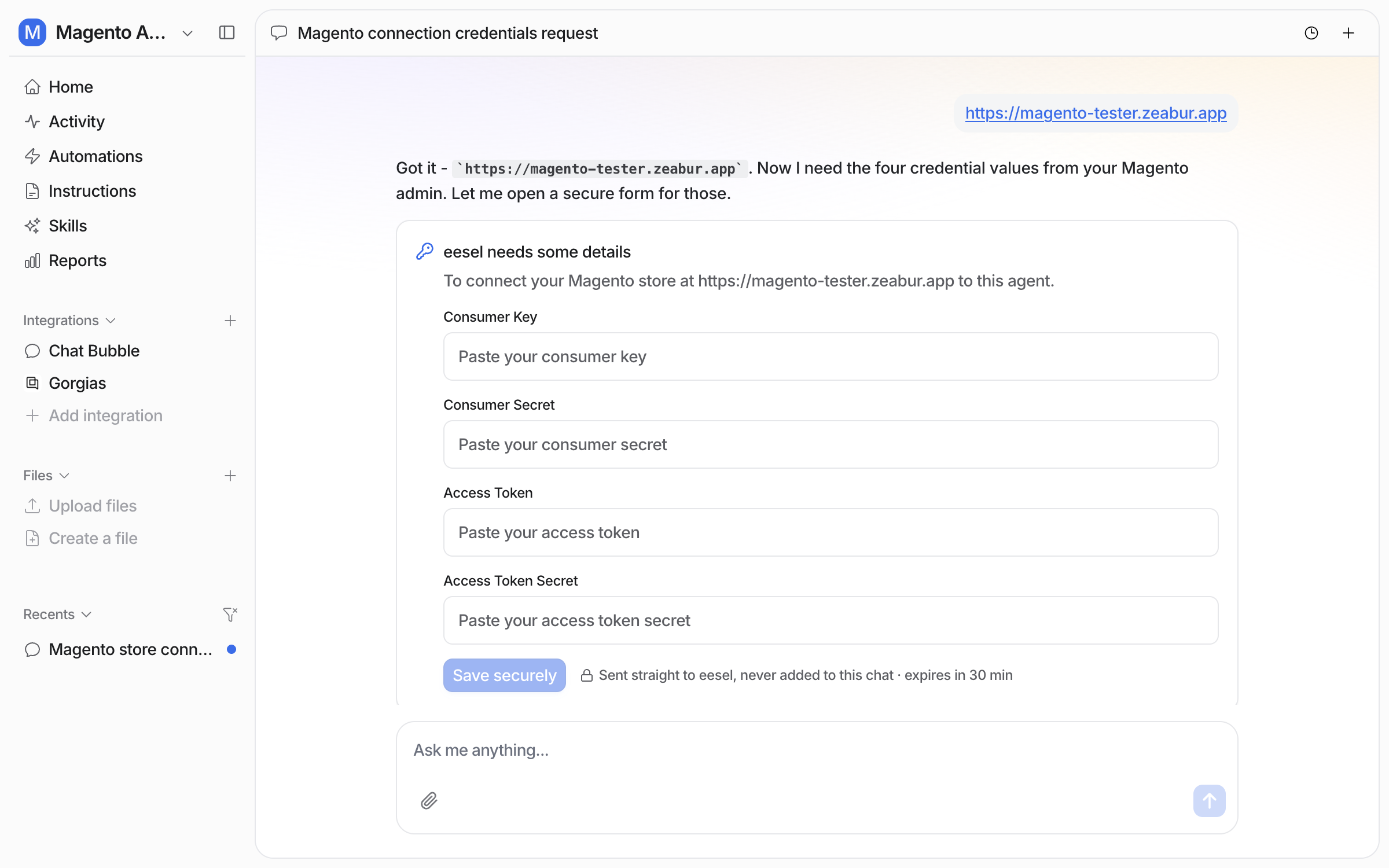 A secure form in the dashboard chat with empty fields for Consumer Key, Consumer Secret, Access Token and Access Token Secret, and a Save securely button