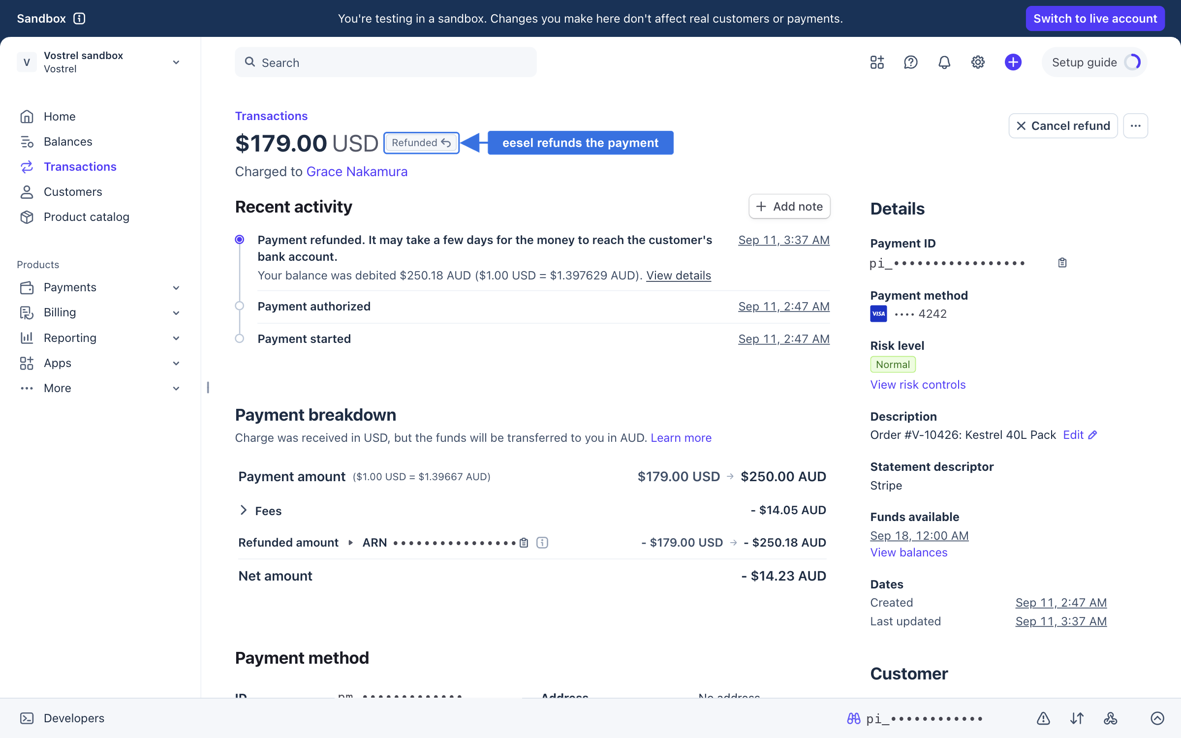 The payment in the Stripe dashboard marked Refunded, with the refund in the activity timeline