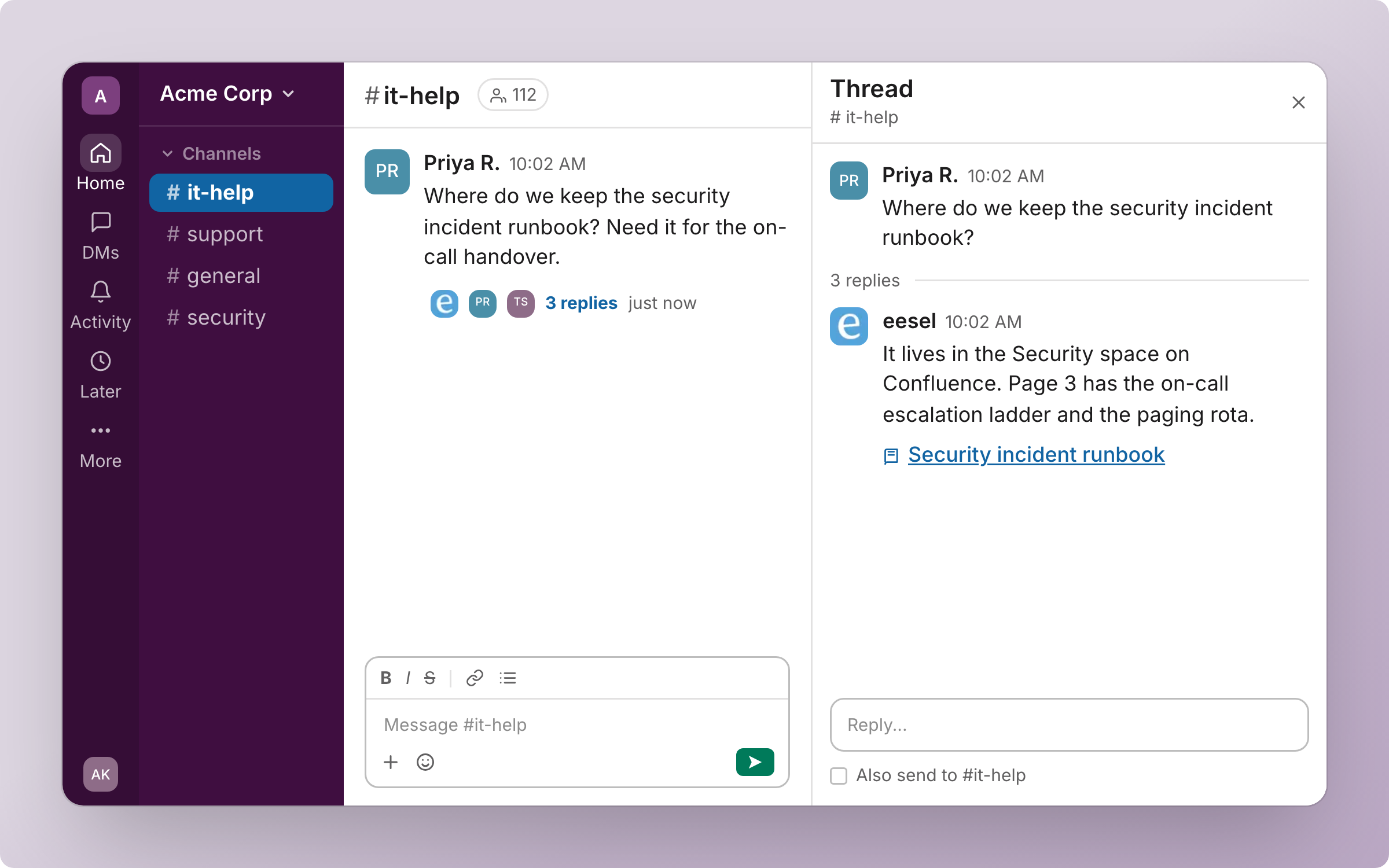 A Slack thread in #it-help where a teammate asks where the security incident runbook lives, and eesel answers in the thread with a link to the runbook