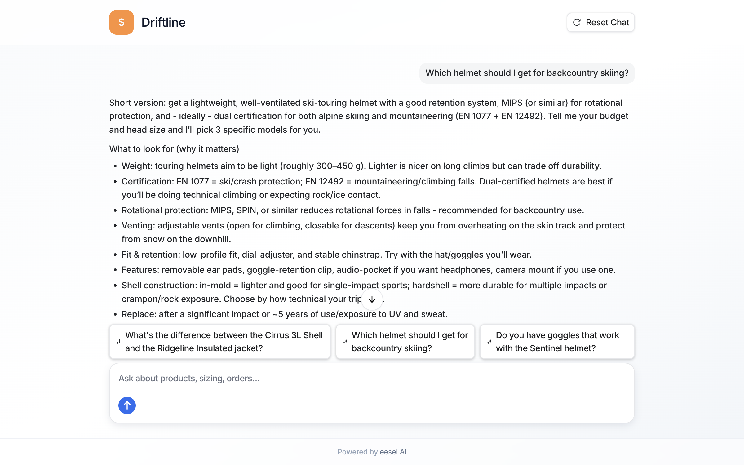 The hosted public chat page titled Driftline, where a visitor asked which helmet to get for backcountry skiing and the agent answered with what to look for