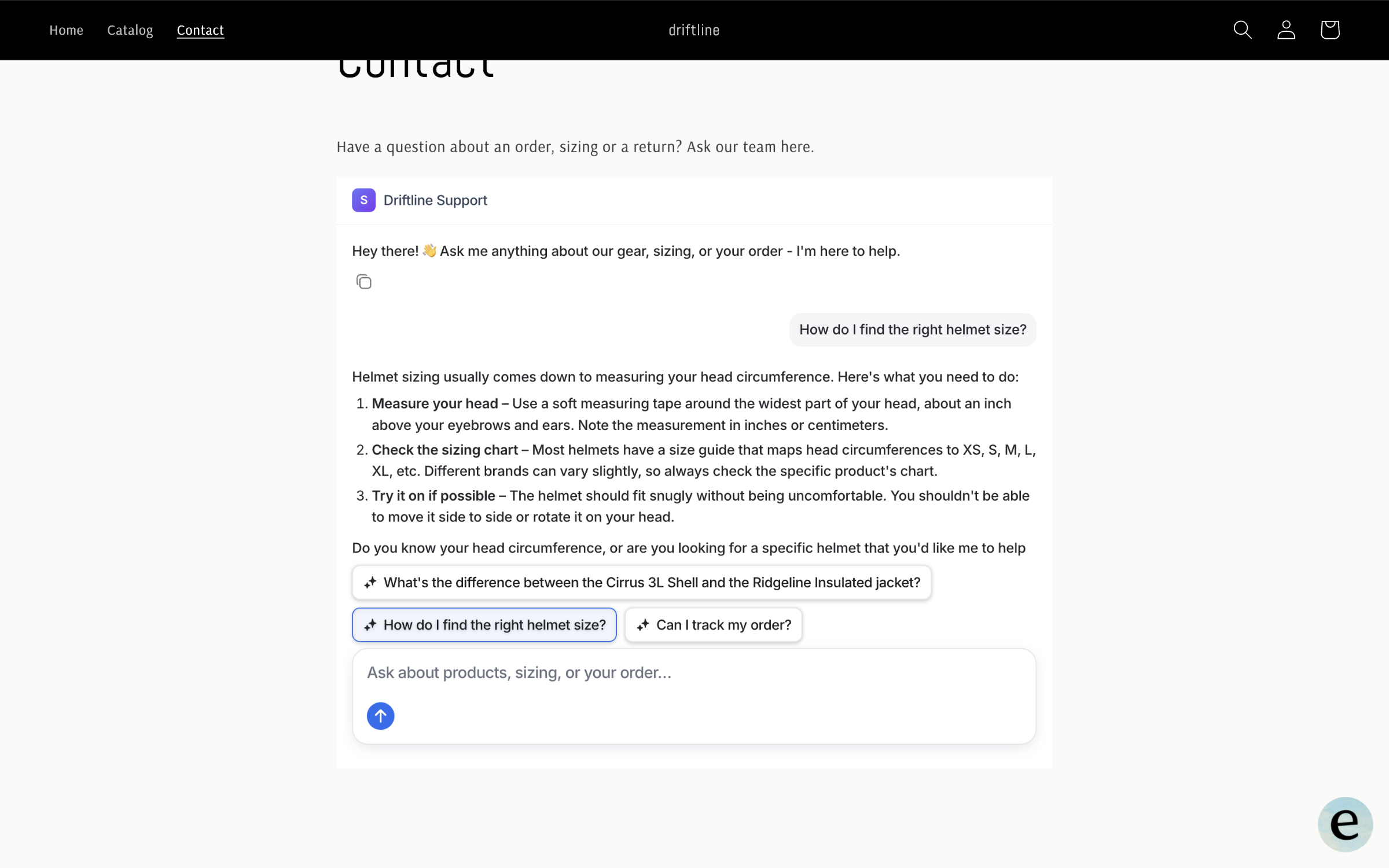 A store's Contact page with the eesel chat embedded in the page, where a visitor asked how to find the right helmet size and the agent answered with three steps
