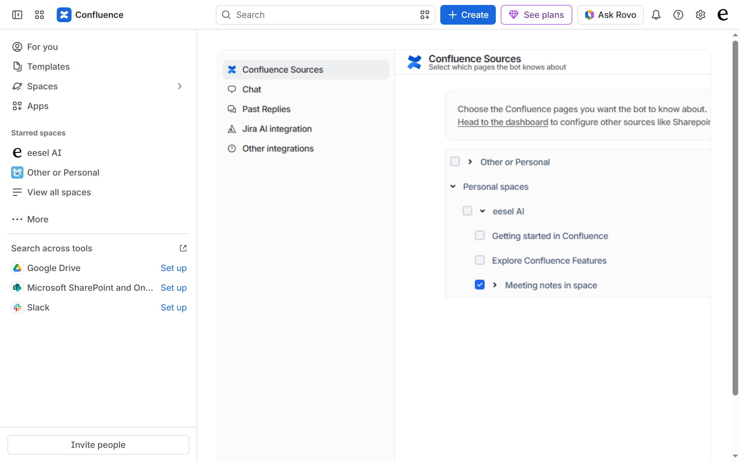The Confluence Sources screen inside the app, showing a tree of spaces and pages with checkboxes and one parent page ticked