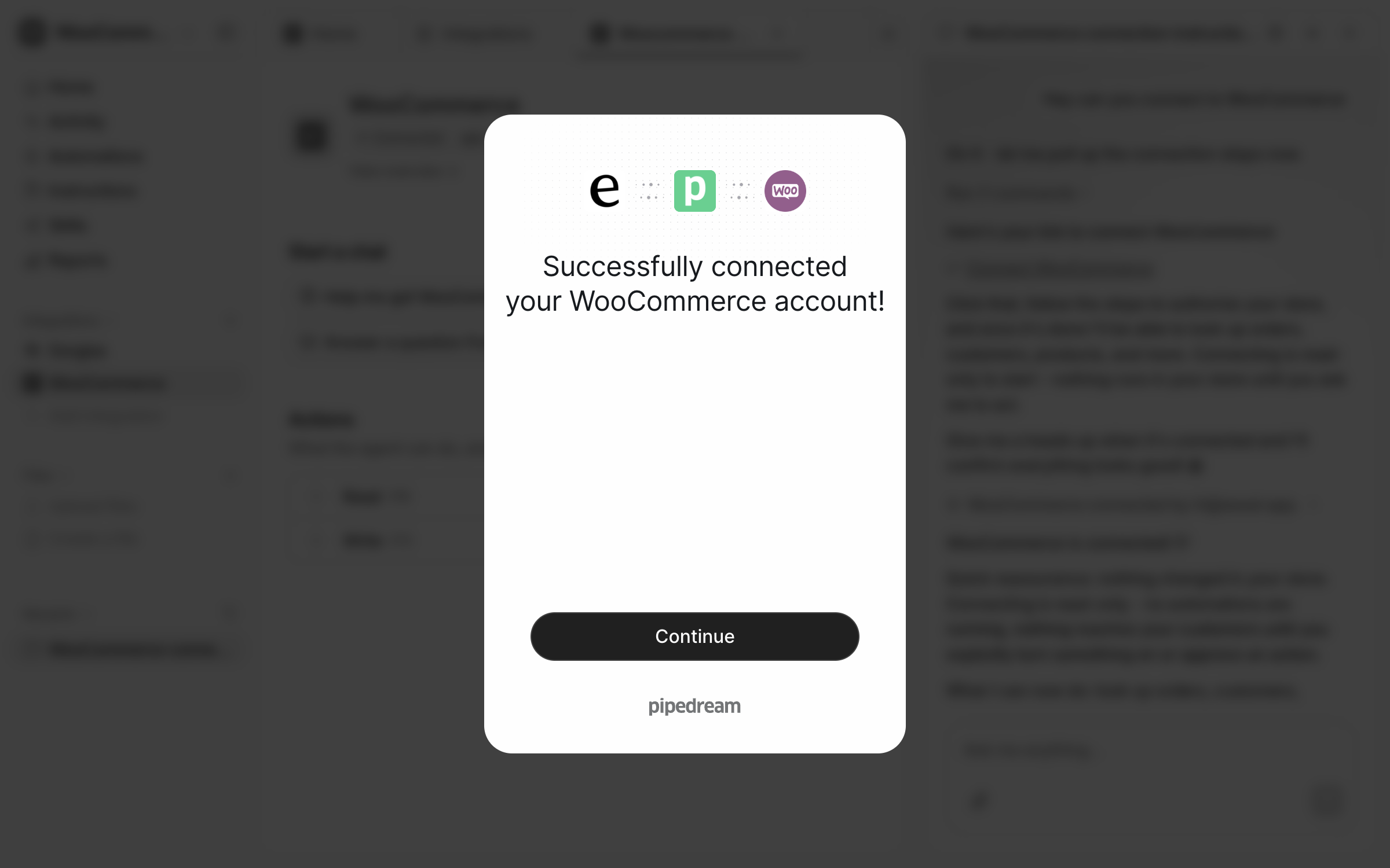 The connection window saying Successfully connected your WooCommerce account