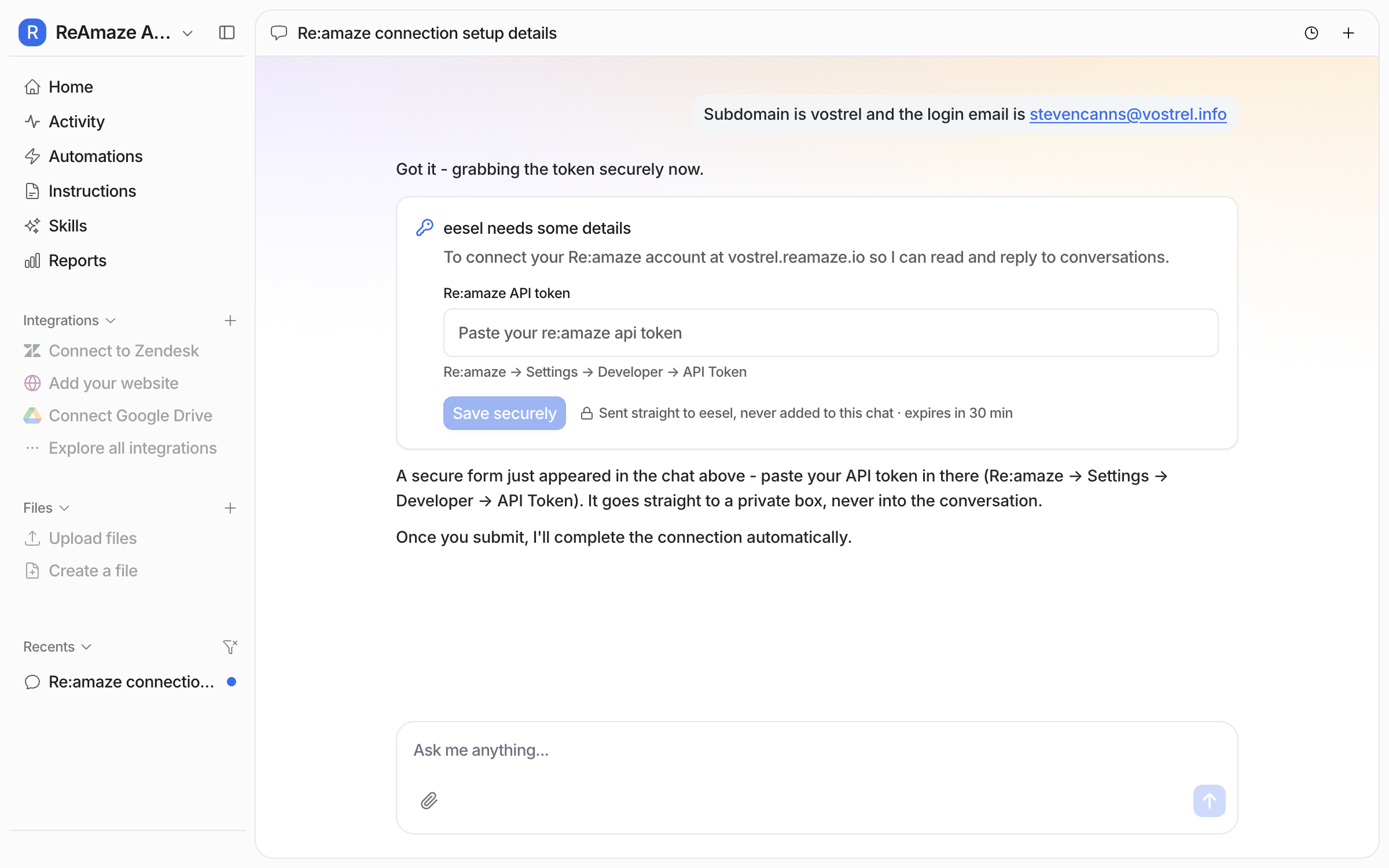 A dashboard chat with a secure form asking for the Re:amaze API token, saying where to find it in Re:amaze and that it is sent straight to eesel and never added to the chat