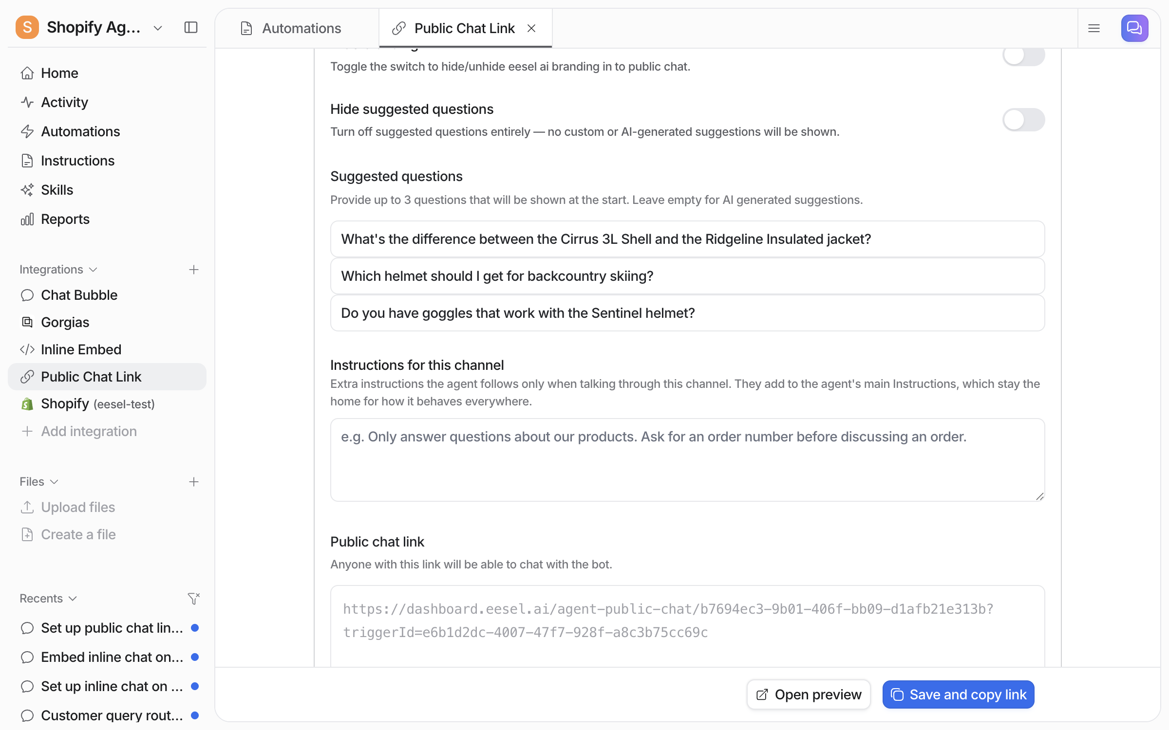 Three suggested questions and the Instructions for this channel box on the Public Chat Link settings page