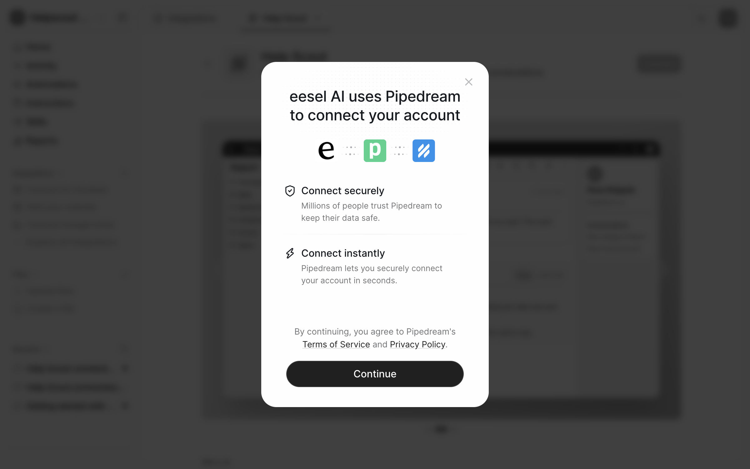 The Pipedream window in the eesel dashboard saying eesel AI uses Pipedream to connect your account, with a Continue button