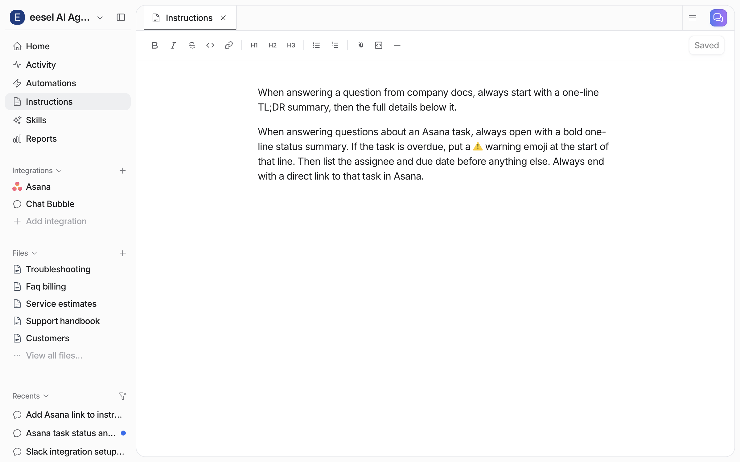 The Instructions page in the eesel dashboard showing the saved rules for answering questions, including the rule for Asana task answers