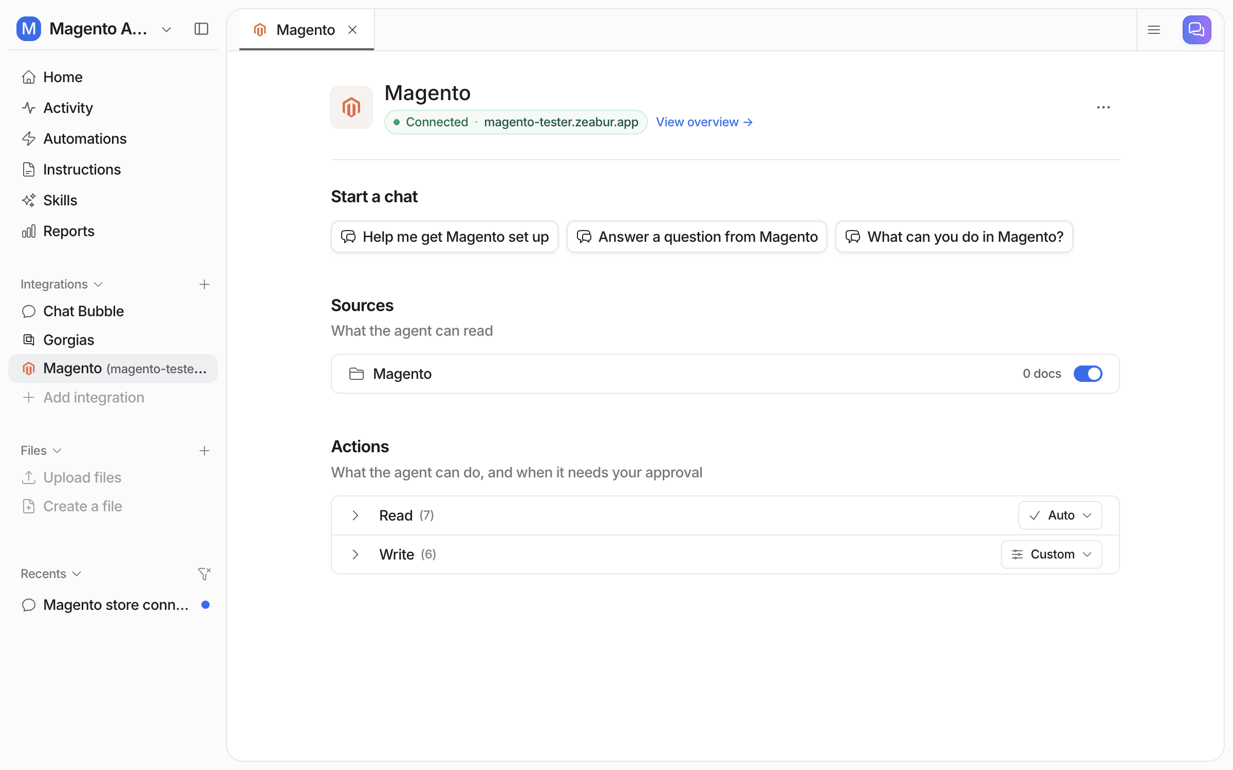 The Magento integration page in the eesel dashboard showing Connected with the store URL, a Magento source row, and the Read and Write action groups