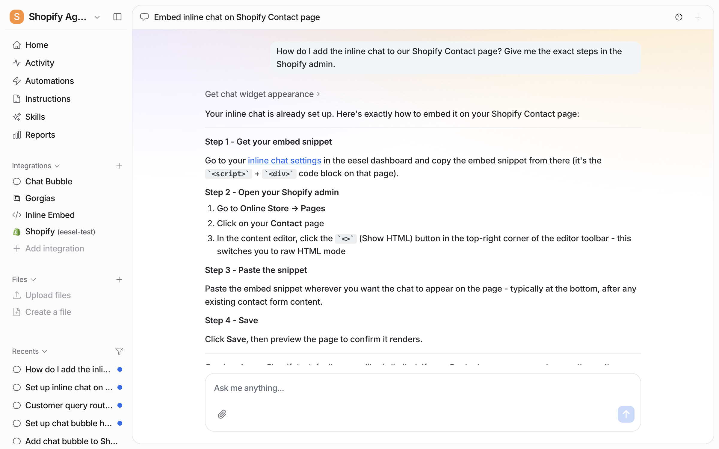 The dashboard chat where the user asks how to add the inline chat to their Shopify Contact page, and the agent lists four steps through the Shopify admin