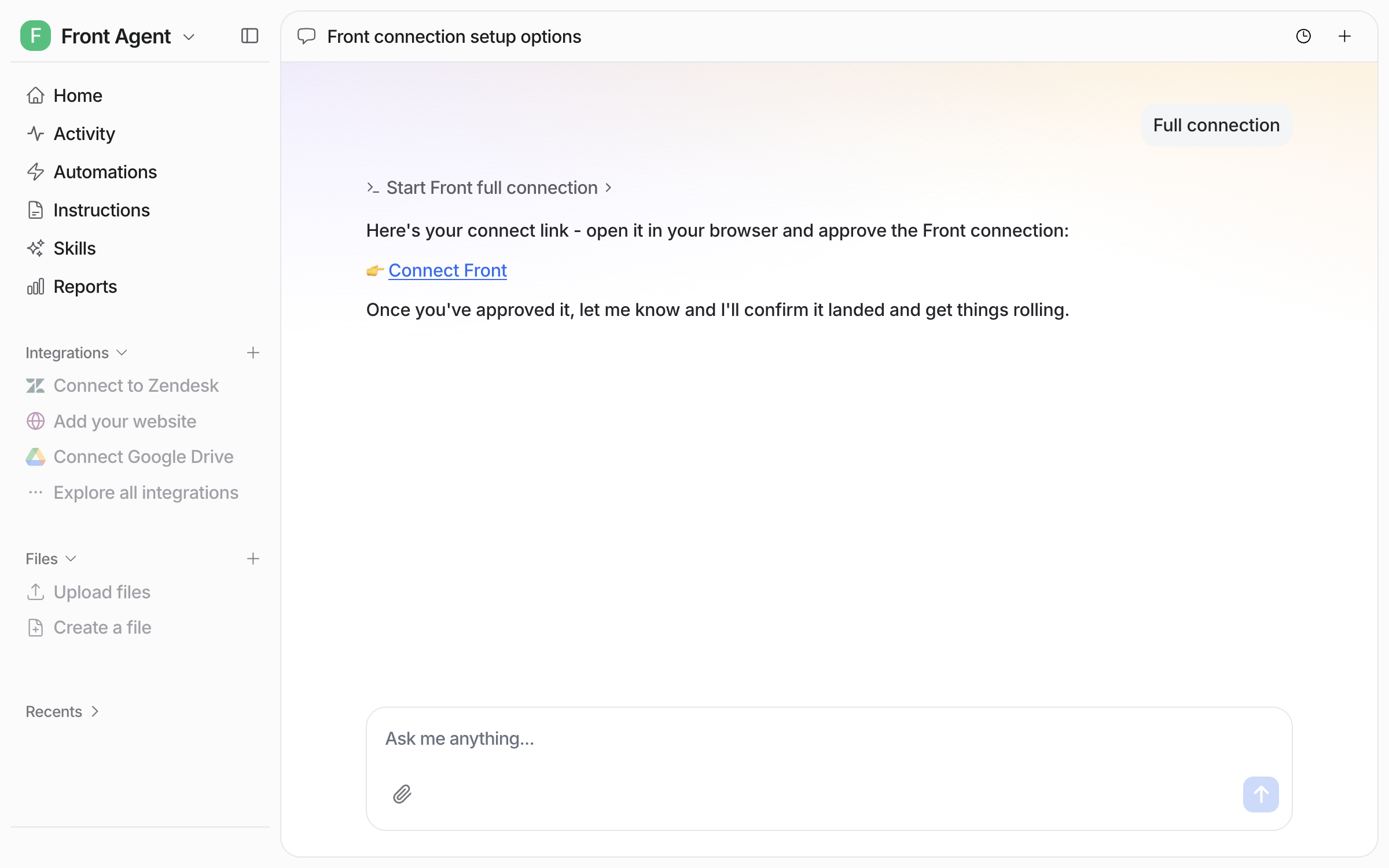 The dashboard chat with the Connect Front approval link and the agent explaining what happens after approval