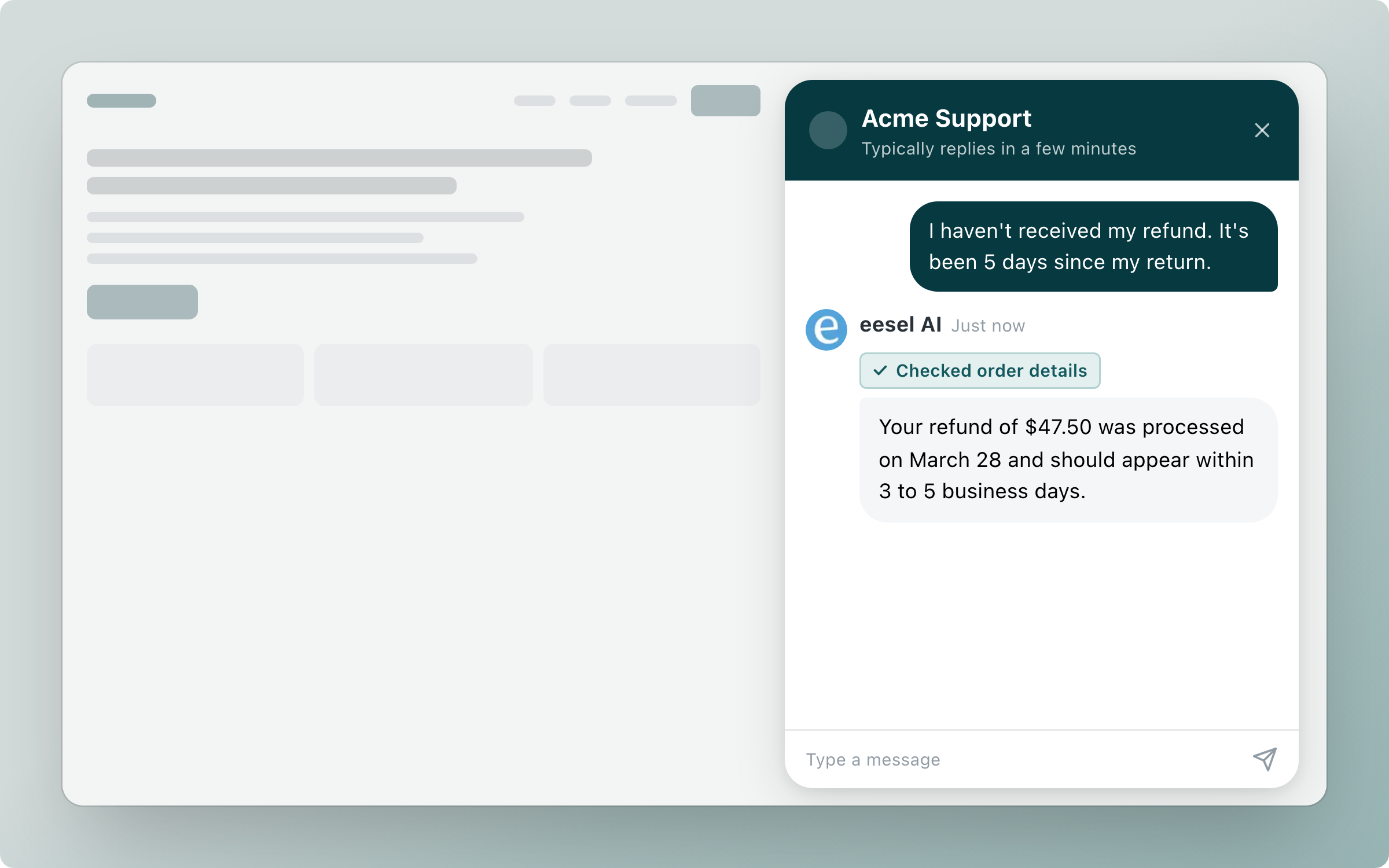 The Zendesk Messenger widget open on a website, where eesel AI answers a question about a missing refund after checking the order details