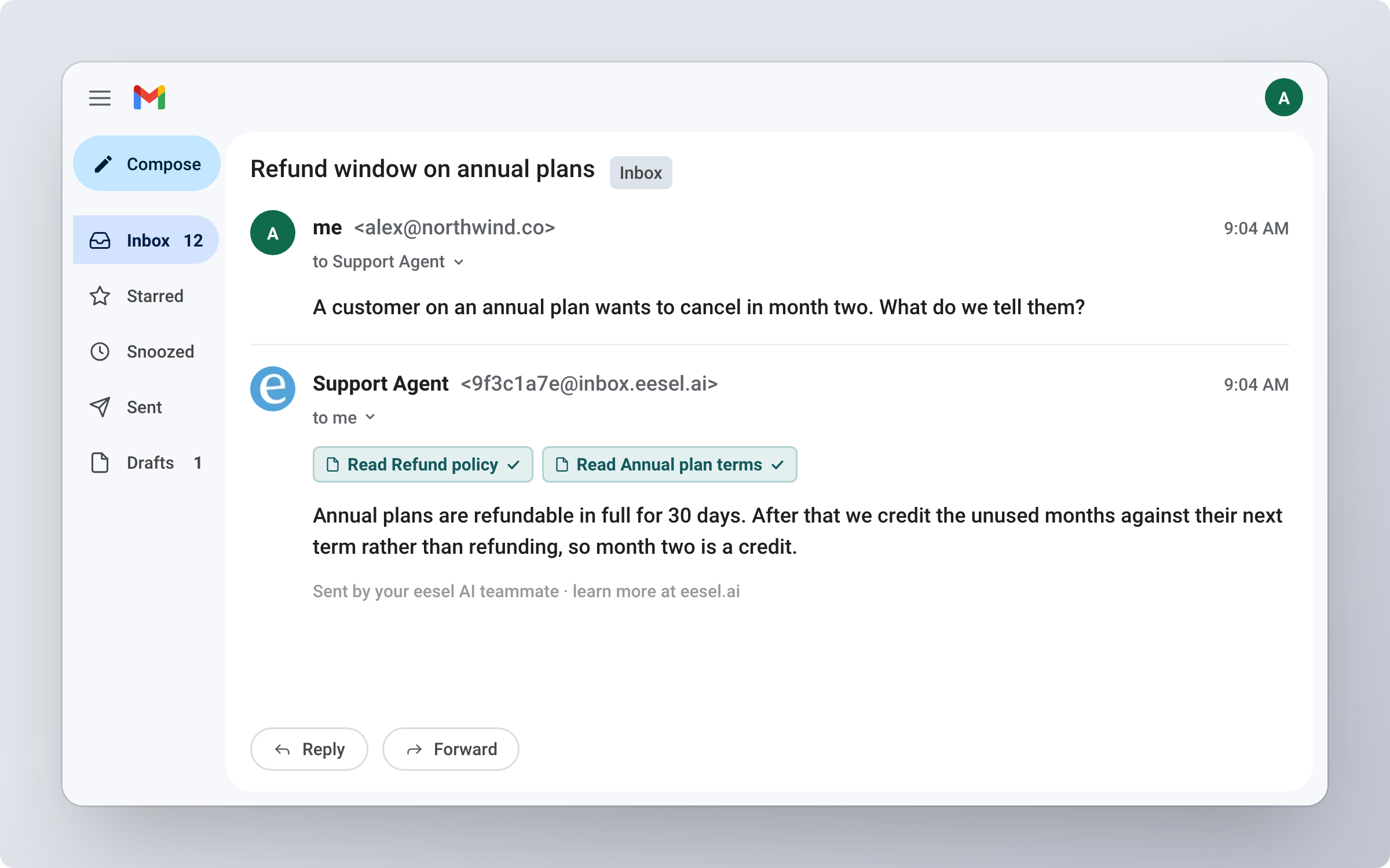 A Gmail thread where someone asks about the refund window on annual plans, and the agent replies in the thread after reading the refund policy and the annual plan terms