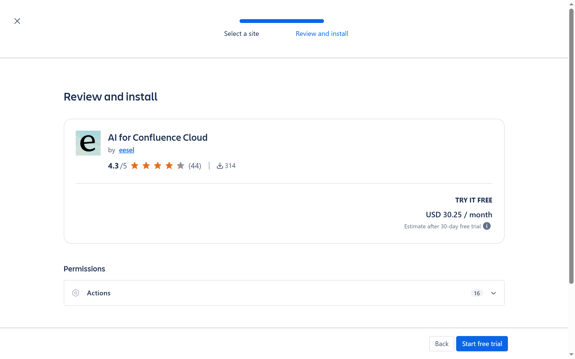 Atlassian's Review and install step showing the app card, a Permissions section, and a Start free trial button