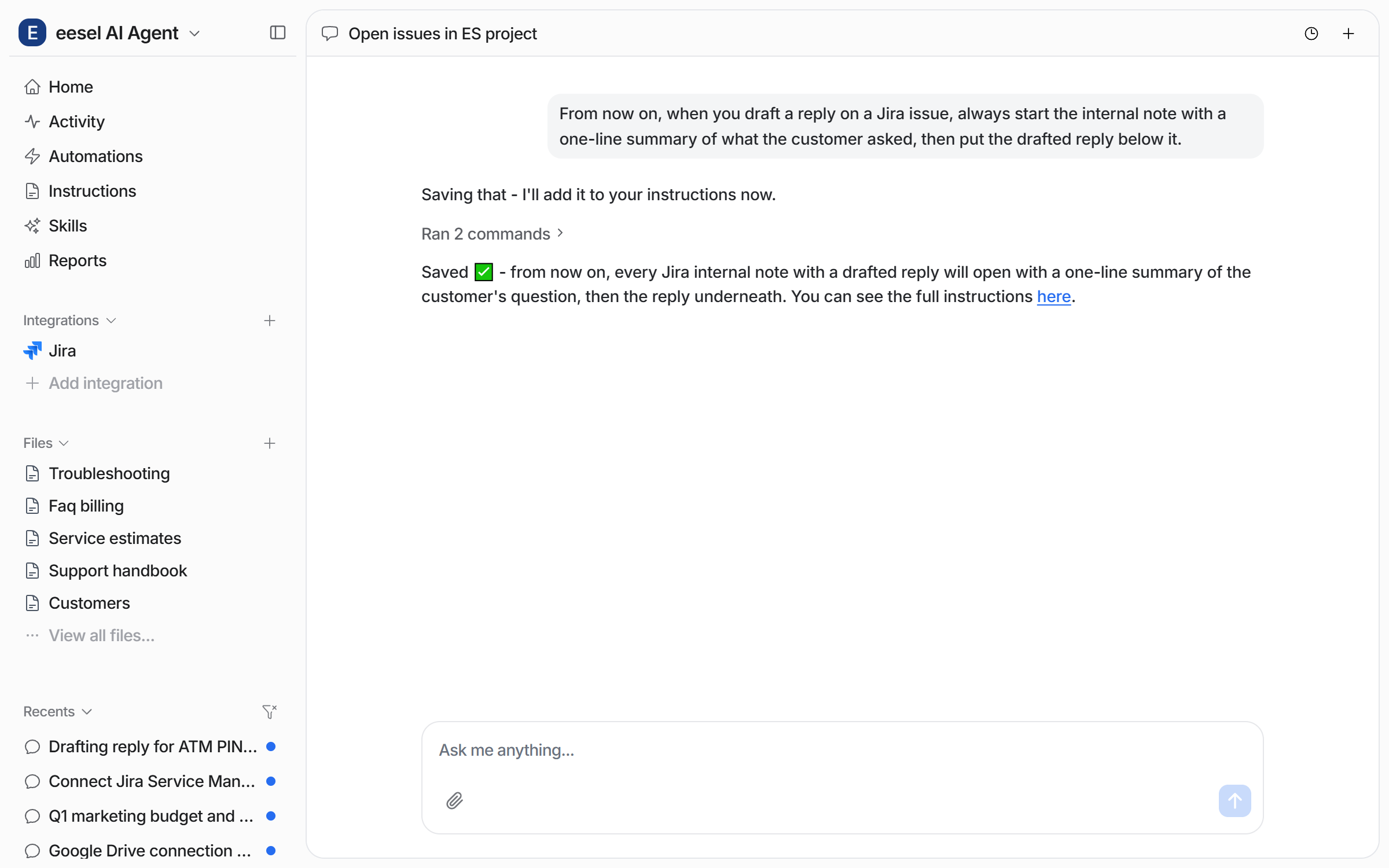 The dashboard chat where the user gives a standing rule for how internal notes on Jira issues should be laid out, and the agent confirms it saved the rule to the instructions